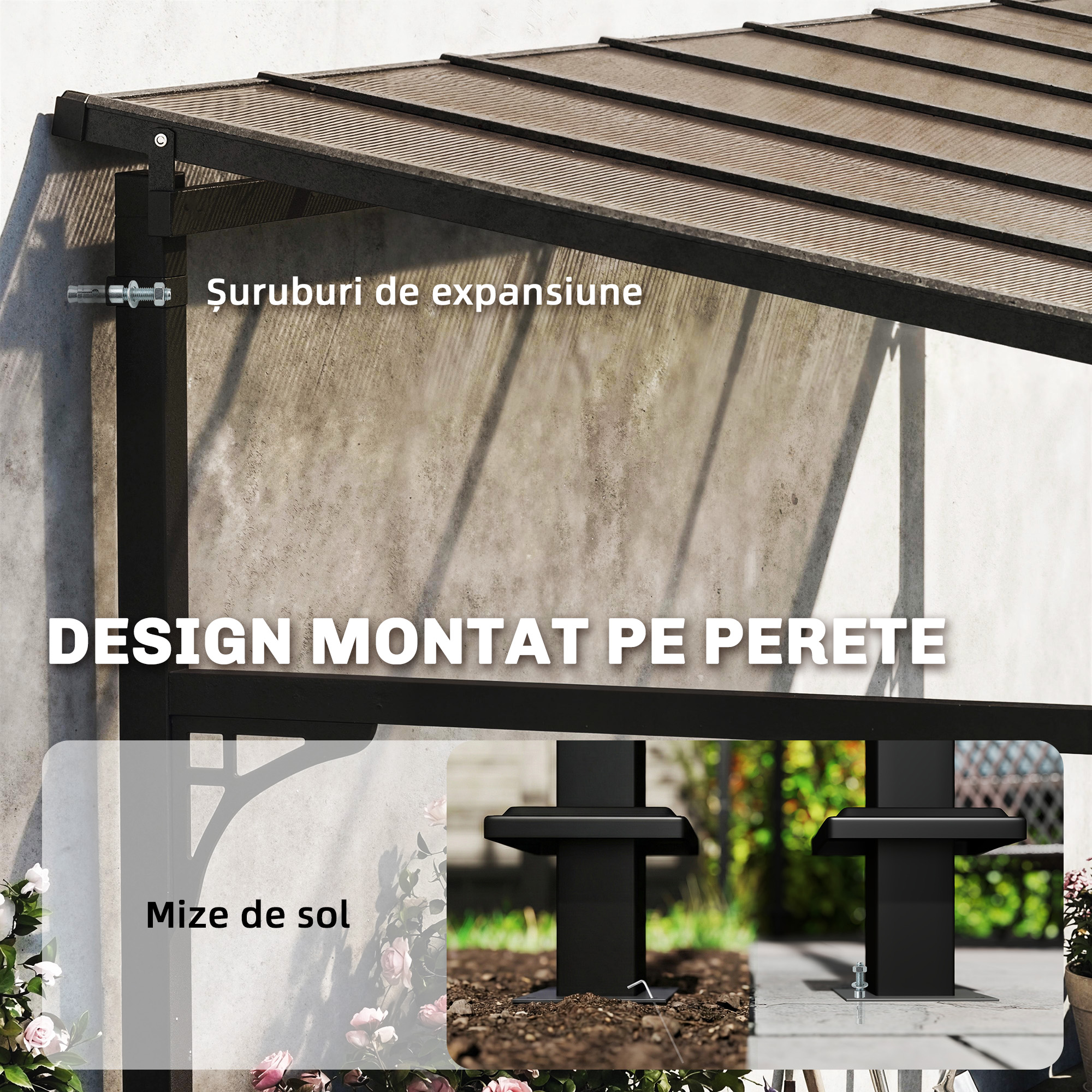  Pergola Adosata 4x3 m cu Acoperis din Policarbonat, Foisor din Metal si Aluminiu cu suruburi, pentru Exterior, Terasa si Gradina, Protectie UV, Maro [3]