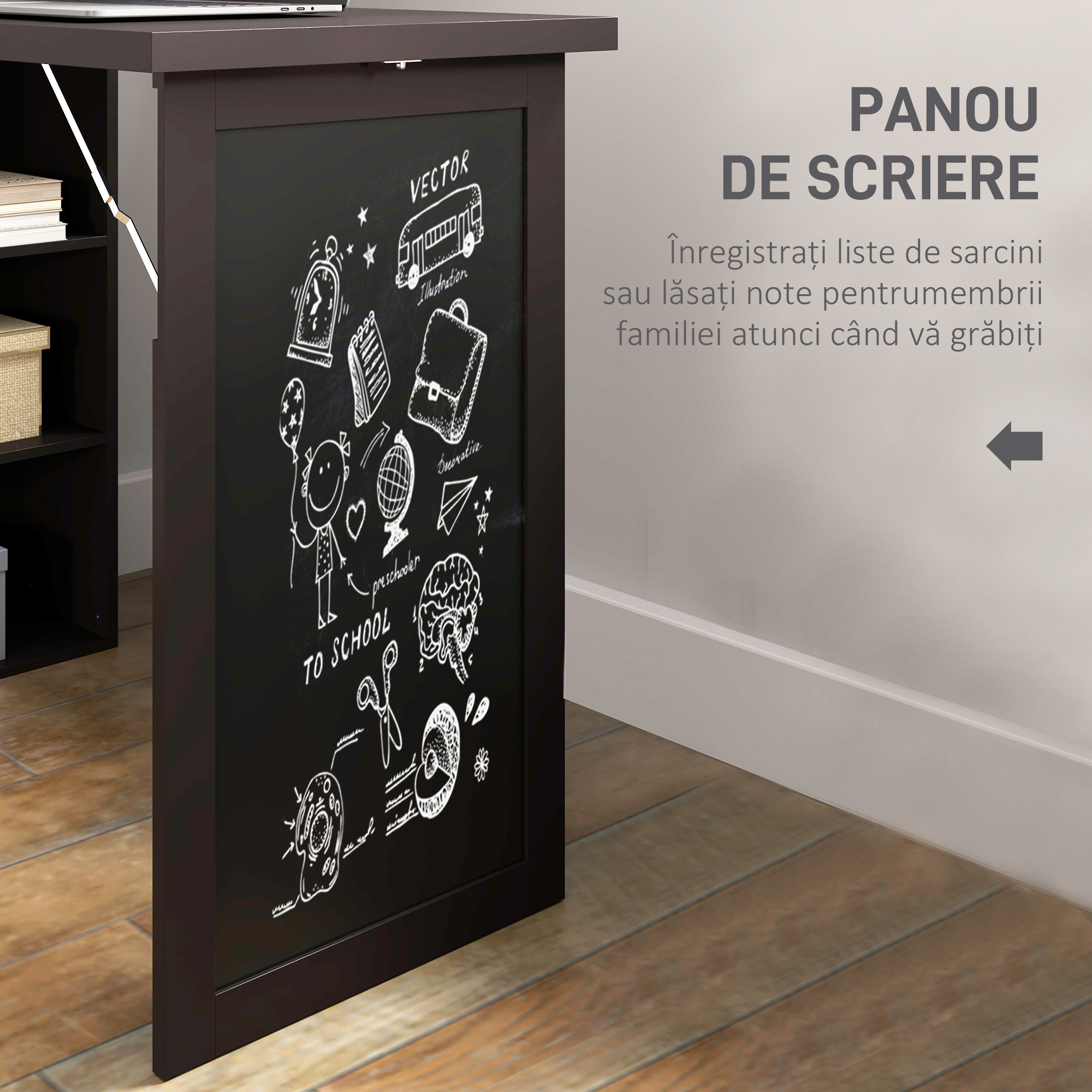  Birou Modern Pliabil cu Biblioteca si Tabla, din Lemn si Metal, 98x51x153 cm, Maro [6]