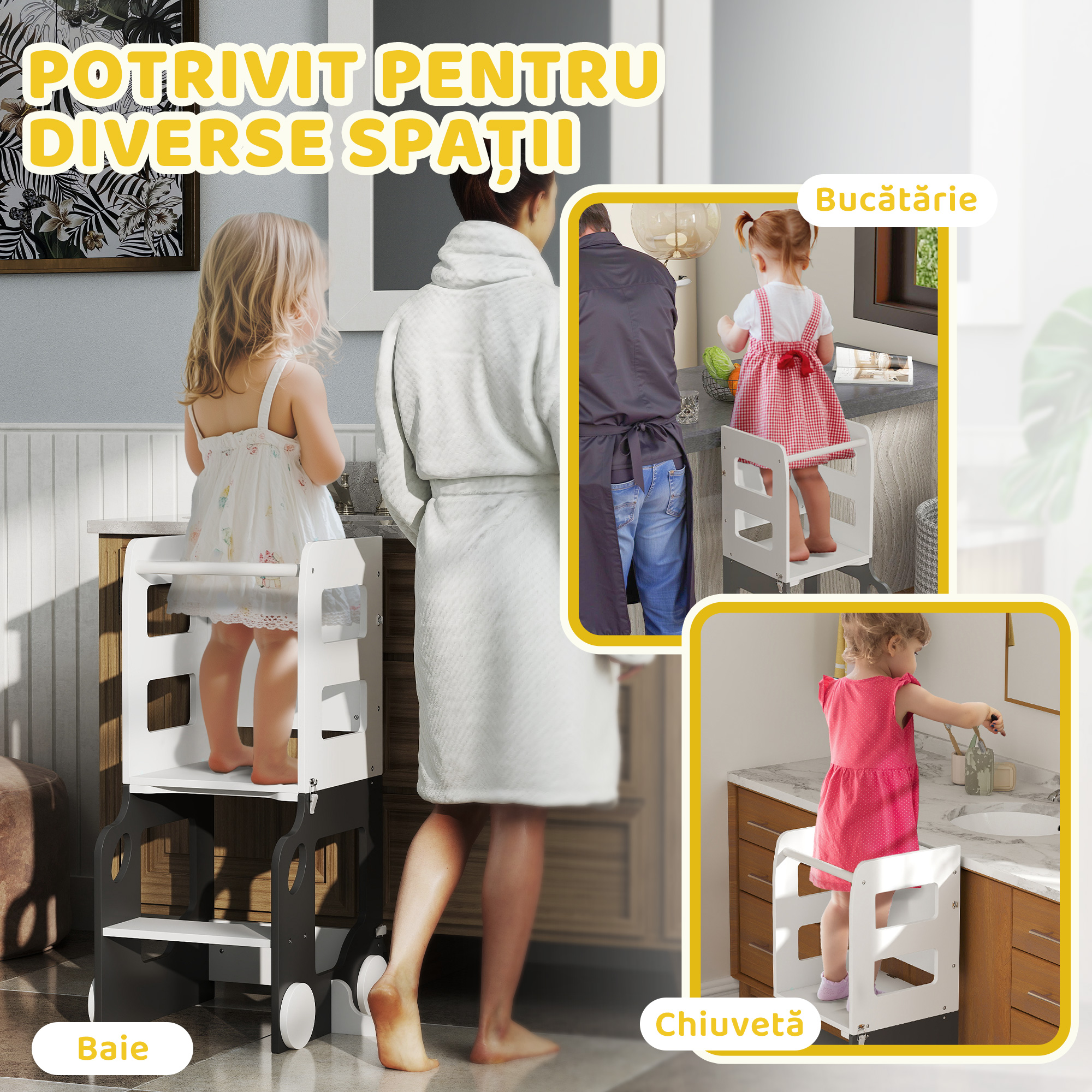  Scara Montessori 4 in 1 pentru Copii cu 2 Table si Set Masa si Scaun, din Lemn, 58x46x92 cm, Alb [7]