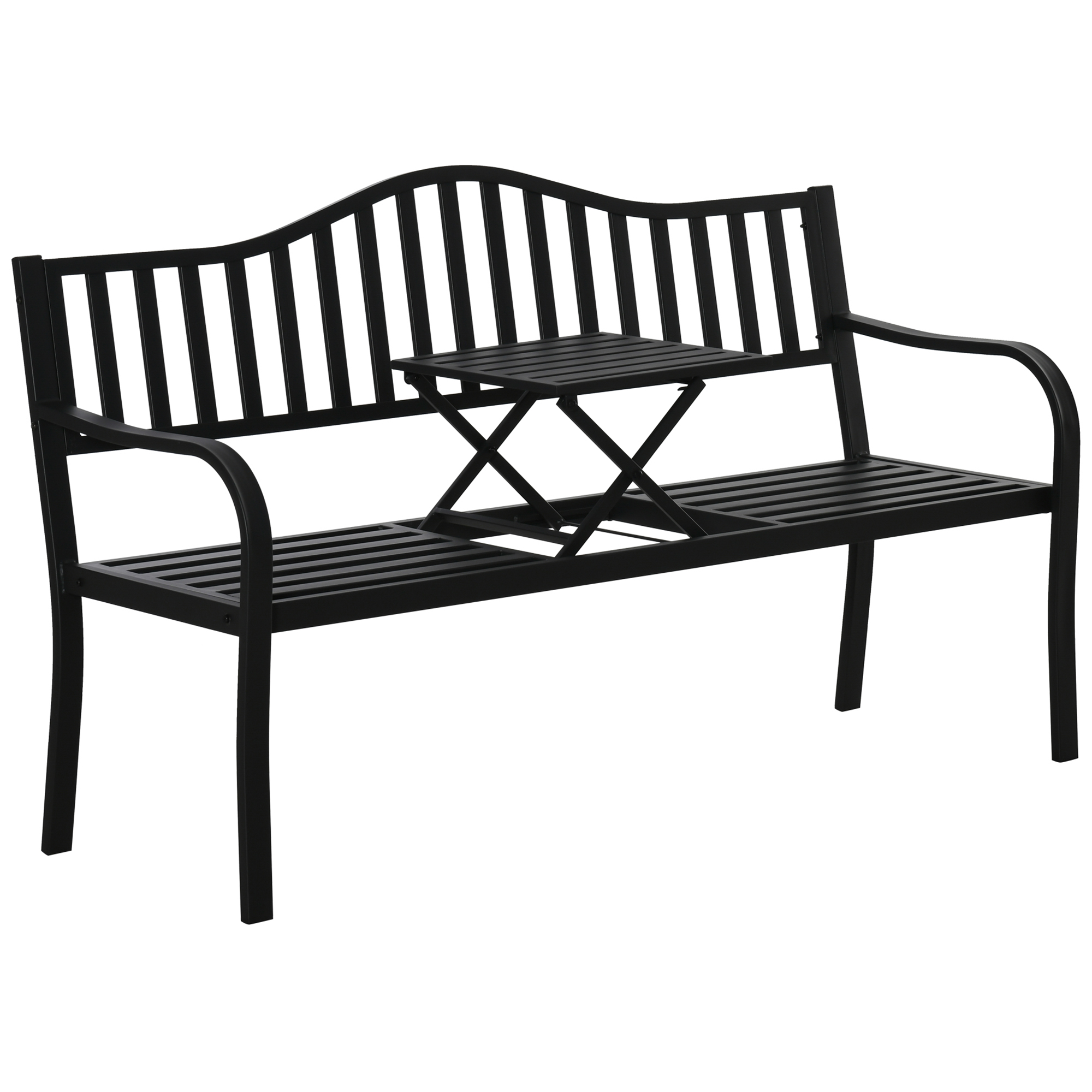 Gradina & balcon -  Banca de Gradina cu 2-3 Locuri din Metal, Banca de Exterior cu Masuta Extensibila, Spatar cu sipci si Cotiere, pentru Balcon, Terasa si Curte, 150x58.5x90 cm, Negru