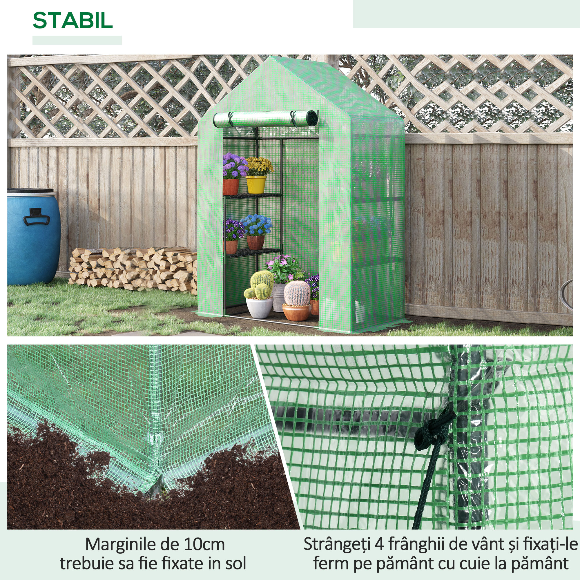  Sera de Gradina din Otel si Plastic PE cu 4 Rafturi, Franghii si Tarusi  Inclusi, 141x72x191 cm, Verde [4]