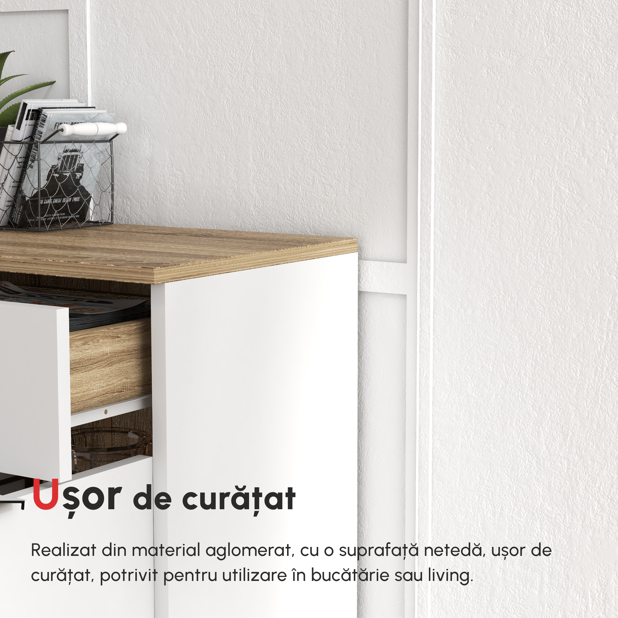  Bufet de Depozitare Modern cu Sertar, Usi, Alb [5]