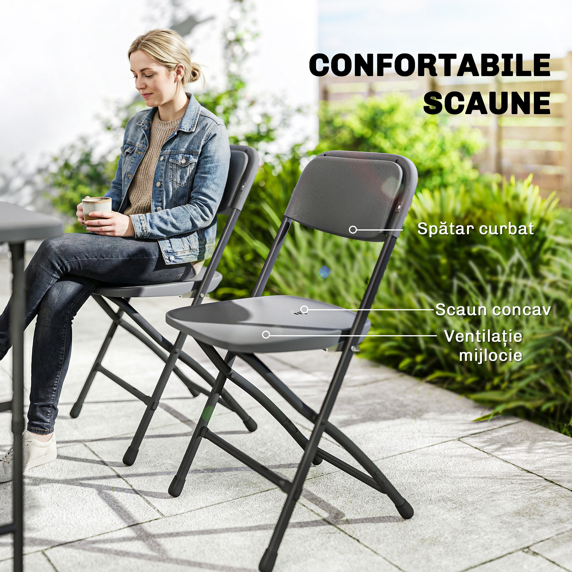  Set Masa si Scaune Pliabile de Gradina, 5 Piese, Masa Reglabila cu Blat HDPE Efect Lemn si 4 Scaune, Set Mobilier Exterior pentru Terasa si Balcon, Gri inchis [5]