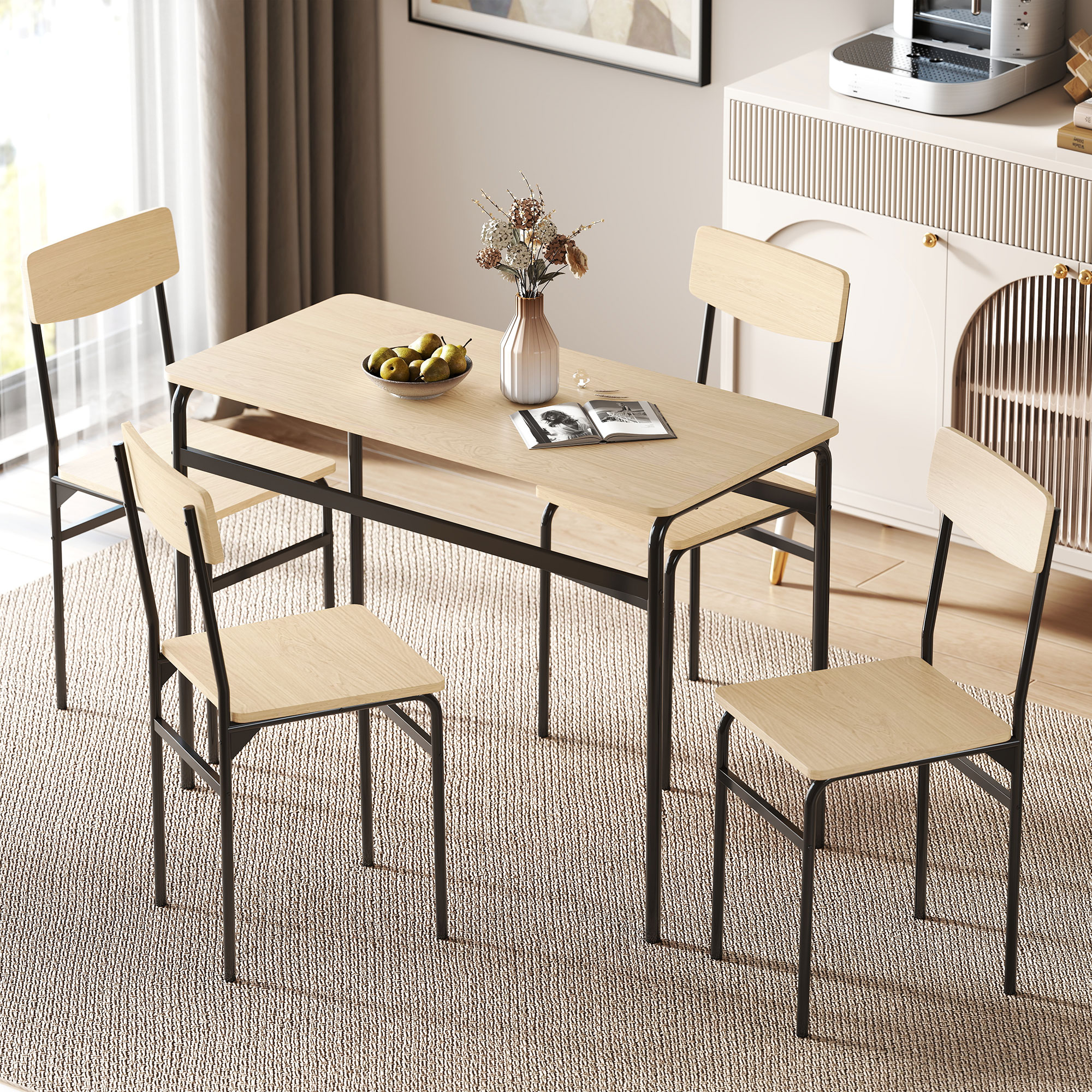  Set de Masa Rectangulara si 4 Scaune, Negru si Culoare Lemn [7]