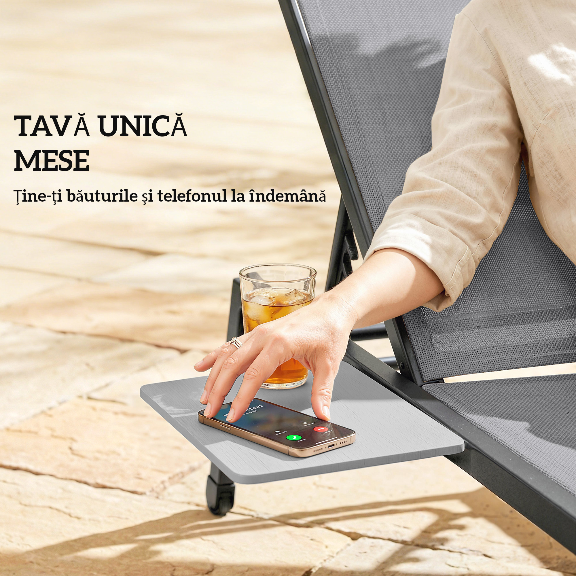  Set 2 sezlonguri Reglabile in 5 Pozitii cu Masuta Laterala si 2 Roti, din Metal si Poliester, Gri [3]