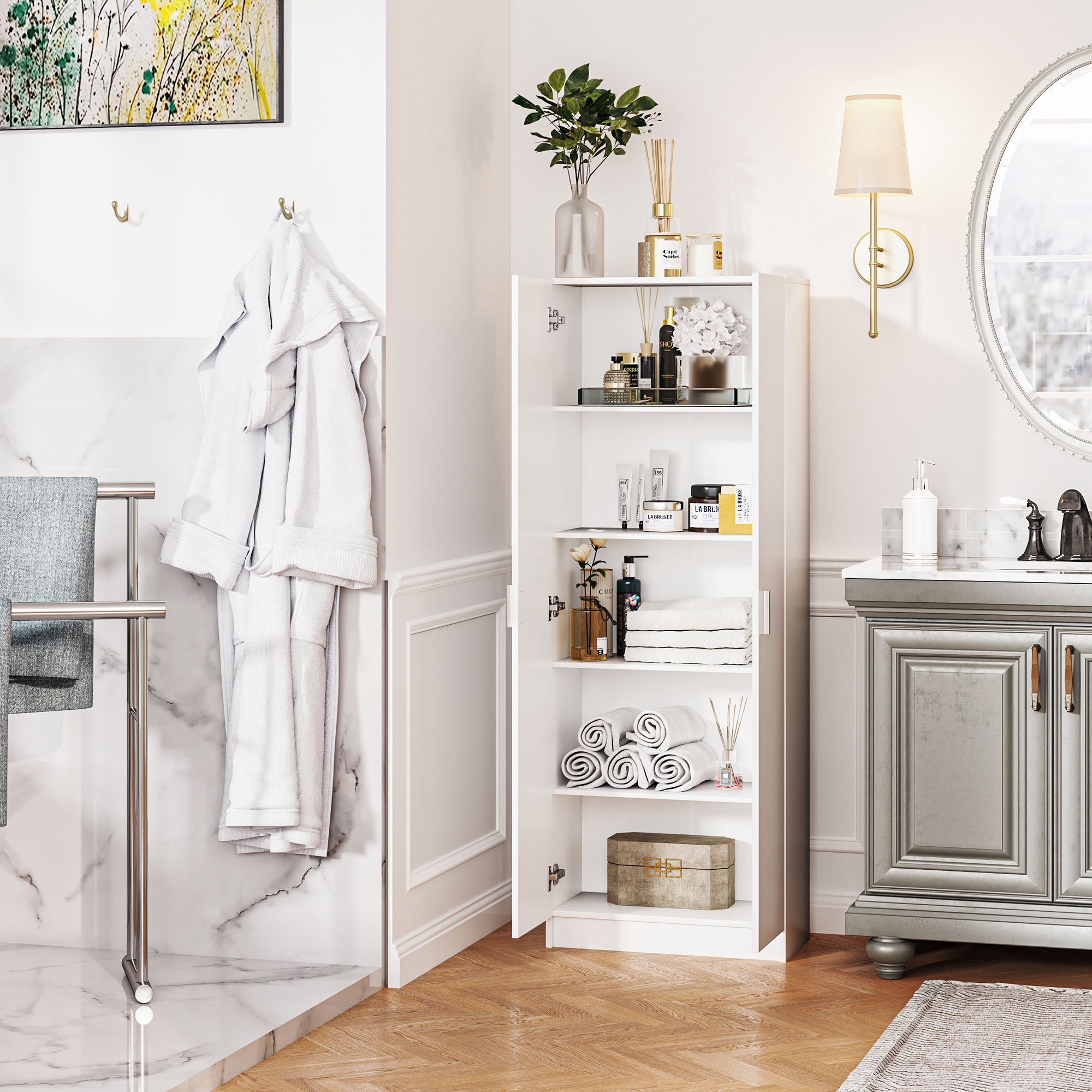  Dulap Multifunctional cu Usi Batante, 5 Rafturi si 3 Niveluri Reglabile, 60x31,5x165 cm, Alb [8]