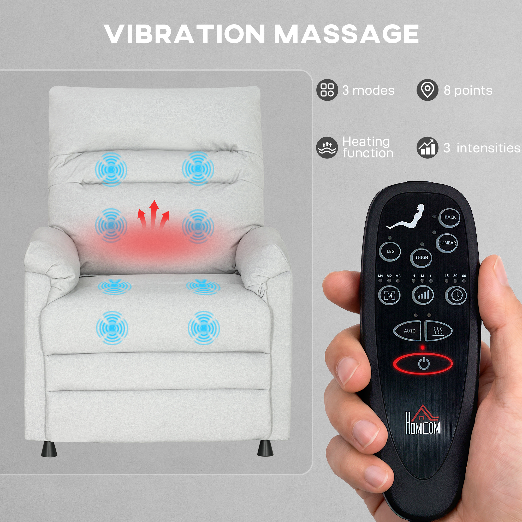  Fotoliu Reclinabil cu Suport pentru Picioare, incalzire, 8 Puncte de Masaj si 5 Moduri, Material Velur, Gri [6]