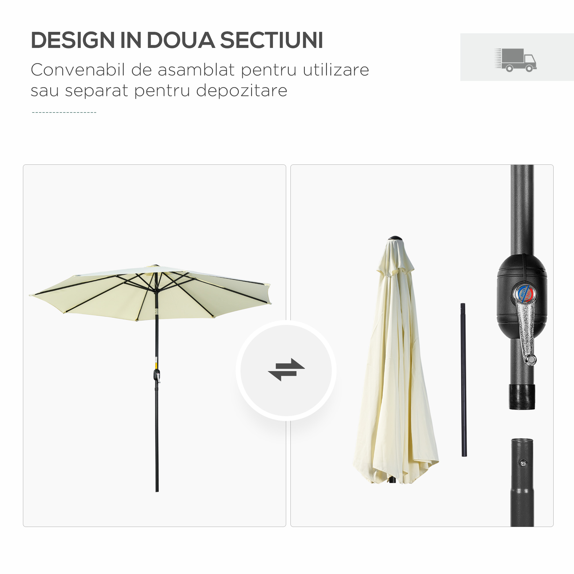  Umbrela de gradina inclinabila cu 8 spite si manivela, din metal si poliester, Ø295x250 cm, bej [5]