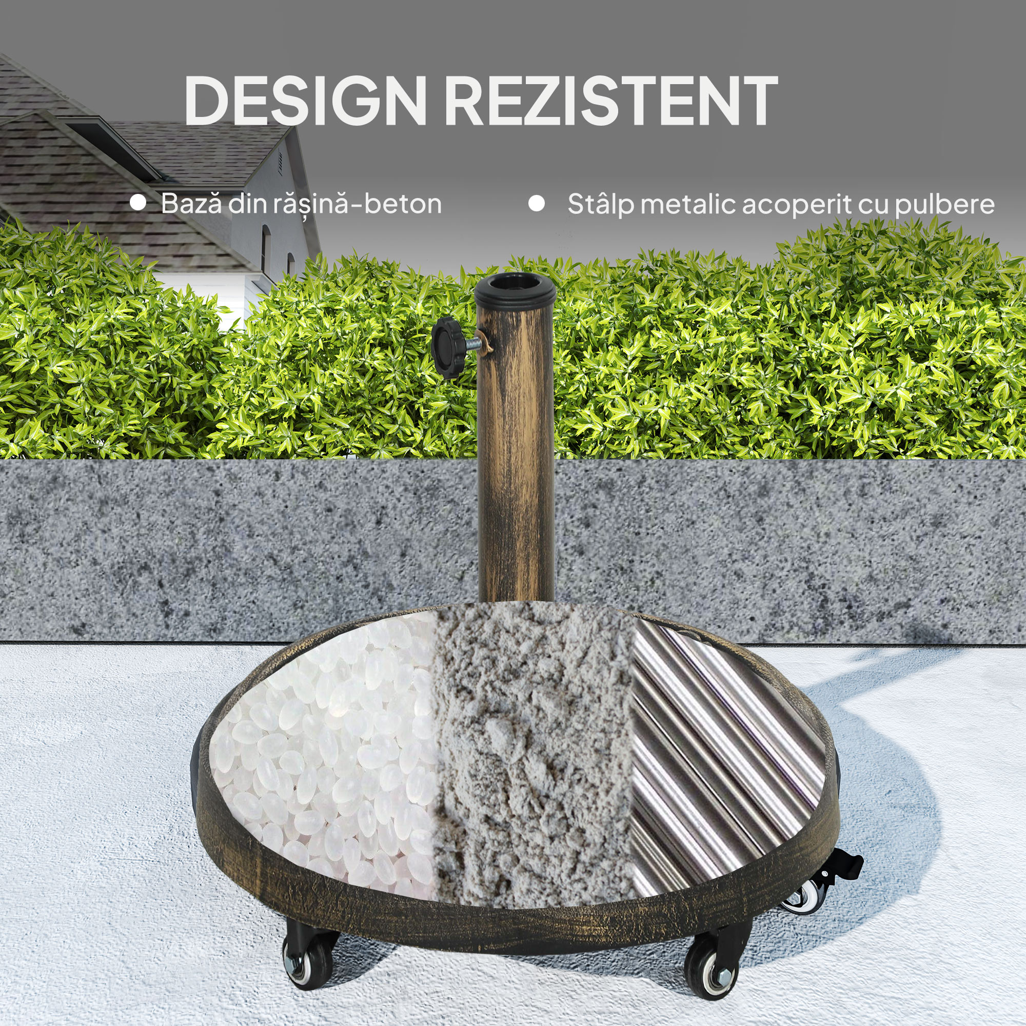  Baza Rotunda pentru Umbrela, 21 kg, Suport din Rasina cu Roti si Stalp pentru Umbrele de 32mm/38mm/48mm, pentru Gradina, Terasa, Piscina, Bronz [4]