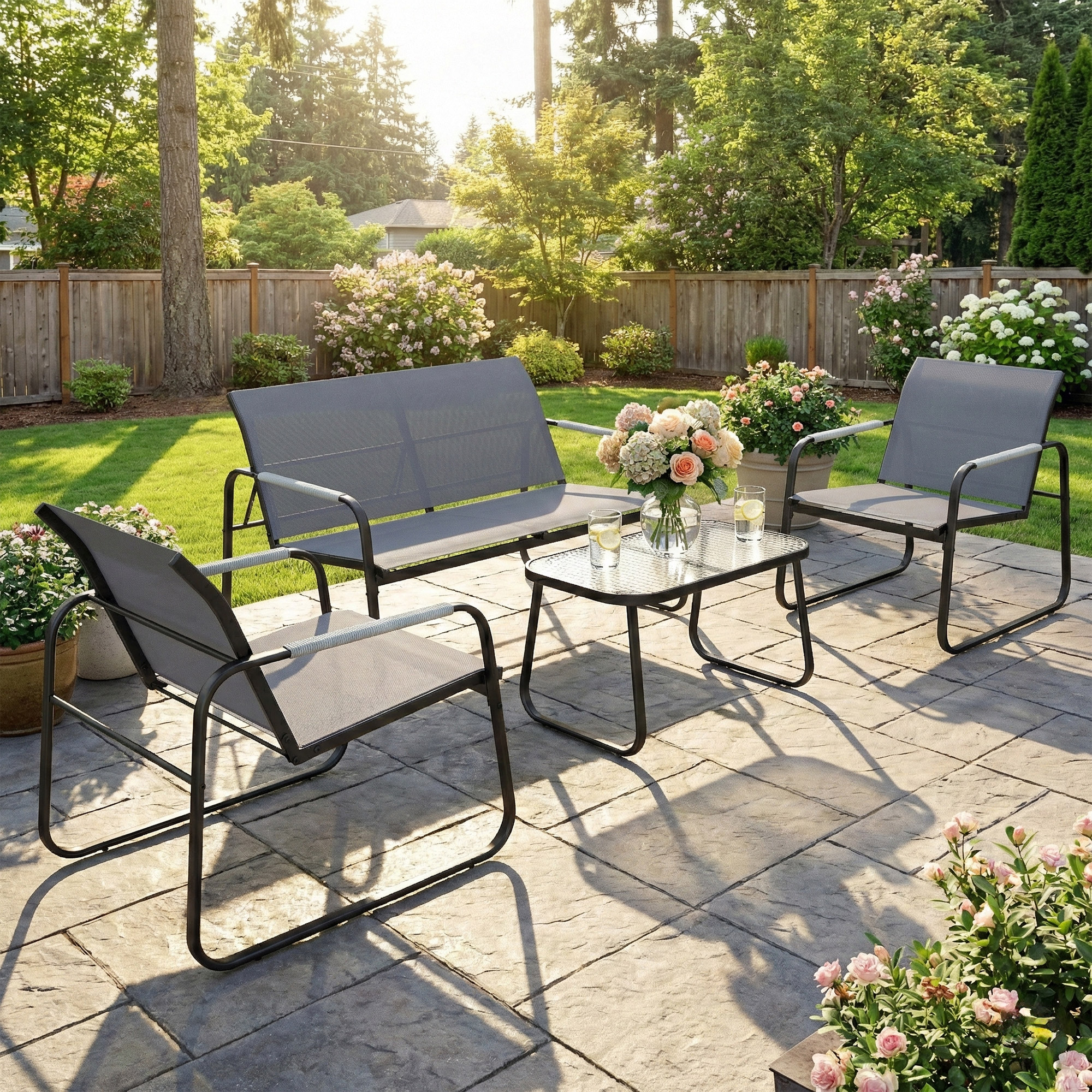  Set de Gradina 4 Piese, Canapea cu 2 Locuri, 2 Fotolii, Masuta din Sticla Temperata, Gri [1]