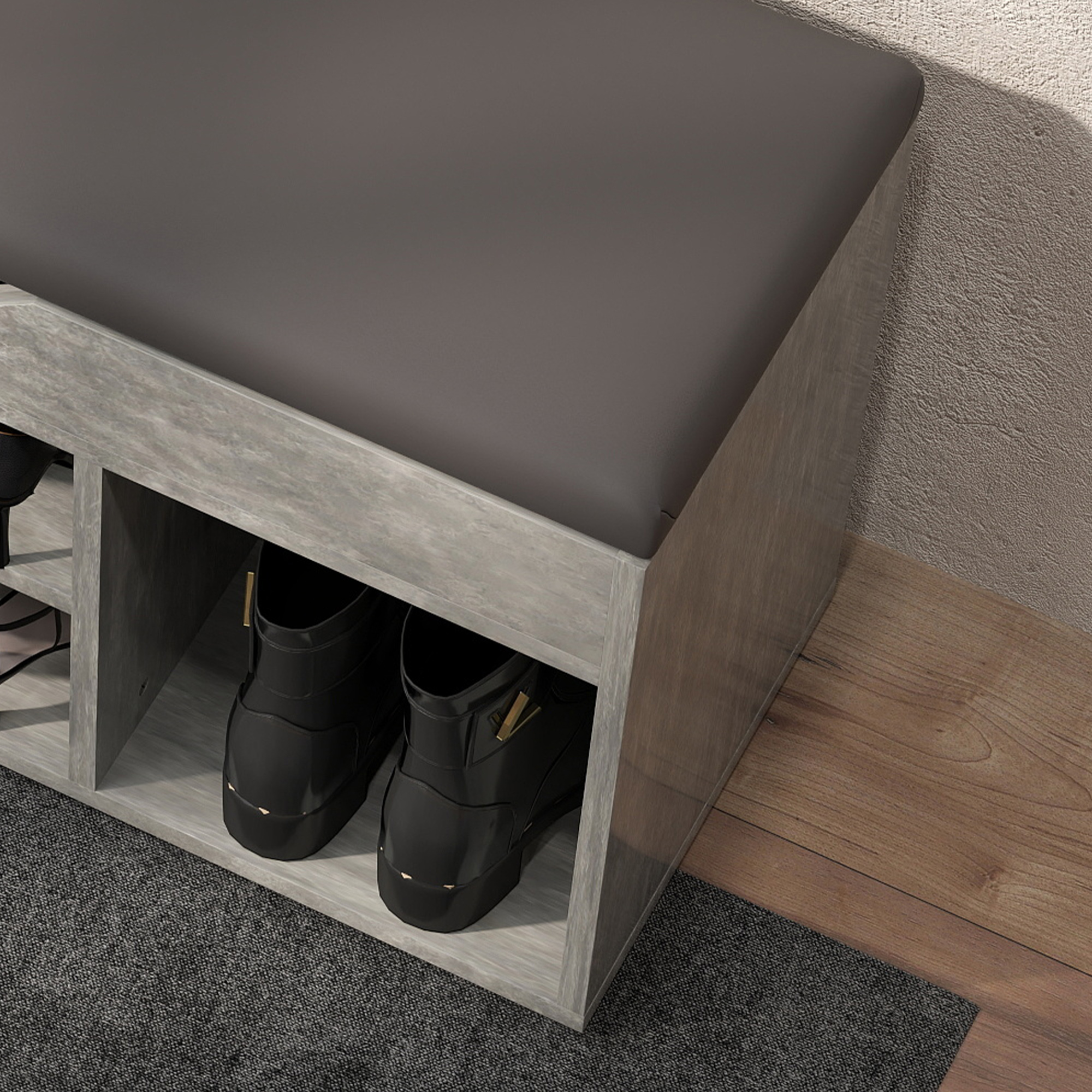  Banca pentru incaltaminte cu 3 Rafturi Deschise, Spatiu Ascuns si Perna Capitonata, 80x30x45 cm, Gri [8]