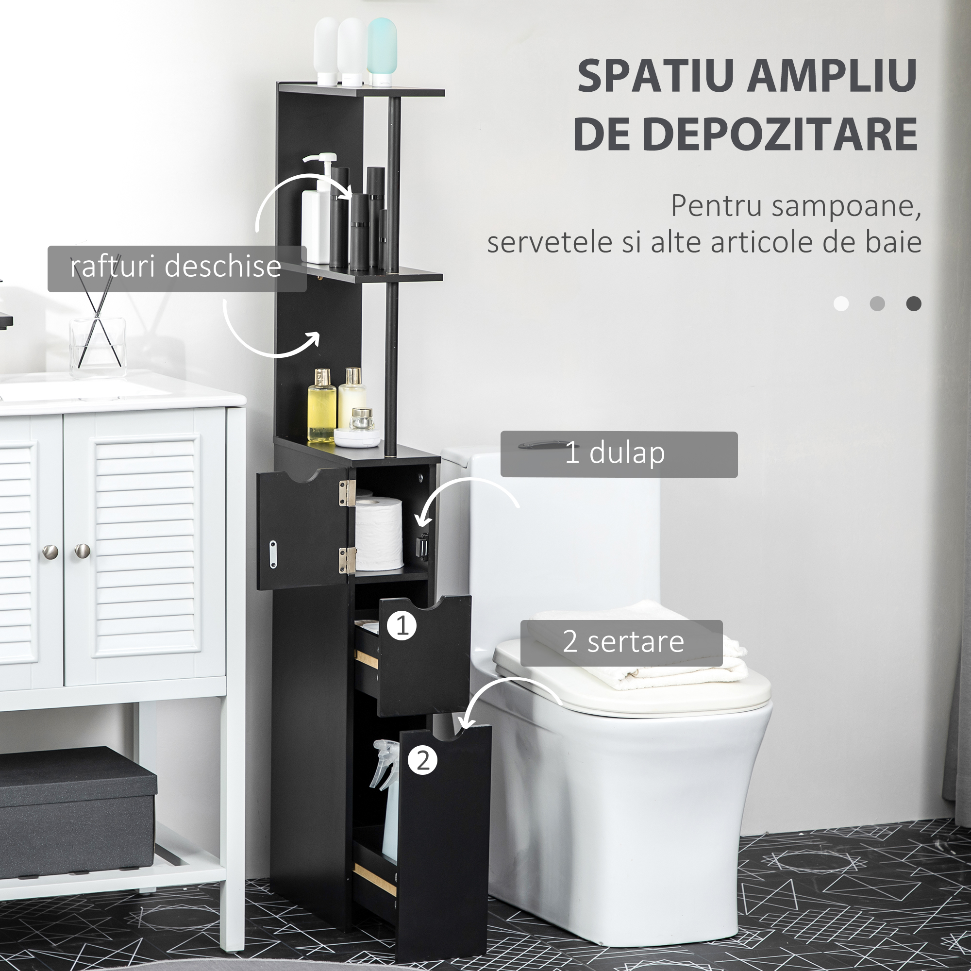  Dulap cu coloana din lemn ce economie de spatiu, dulap de baie cu rafturi, dulap si sertare, negru, 15x33x136cm [3]