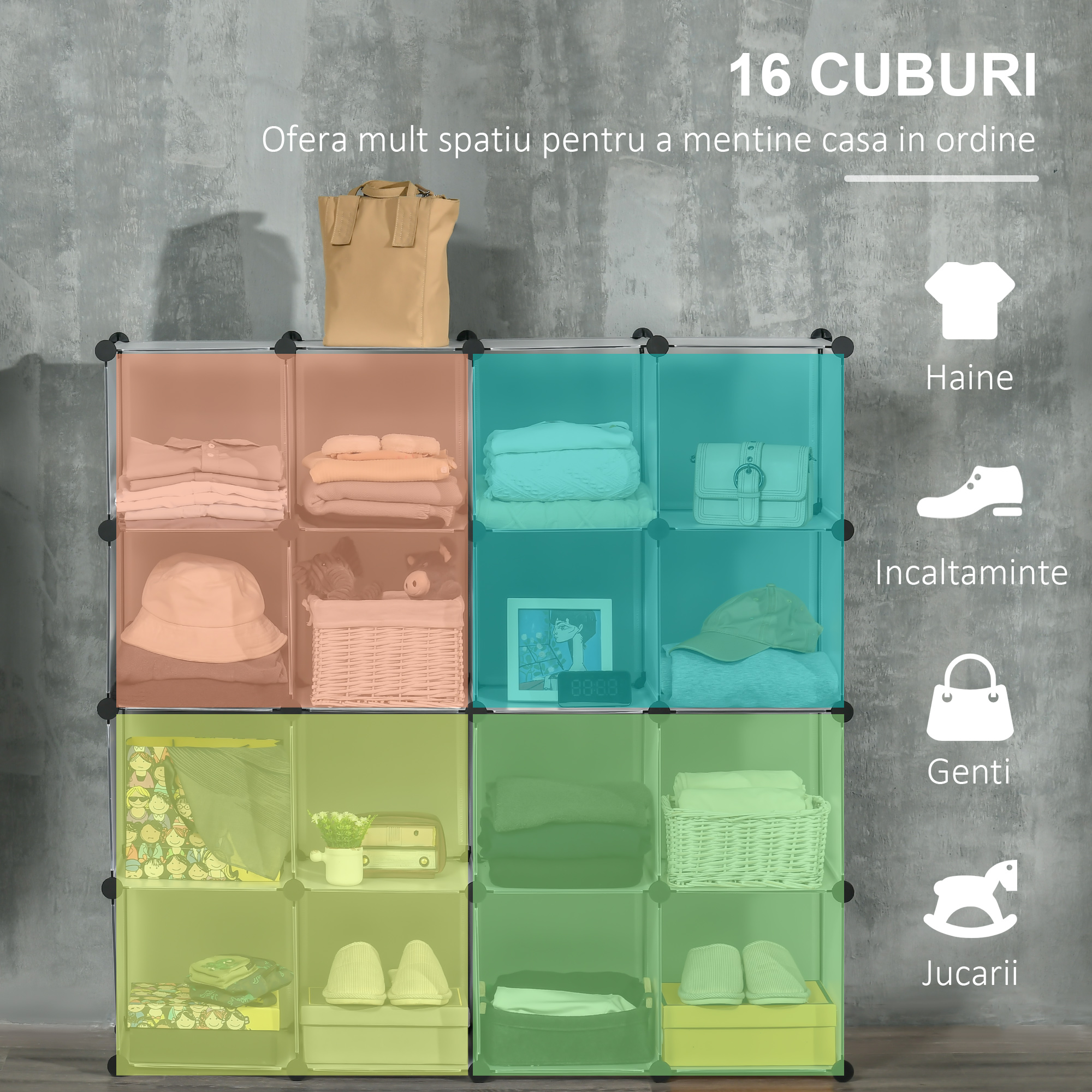  Mobilier pentru incaltaminte modular, 16 cuburi 30x30x30cm din plastic PP si otel , transparent [3]
