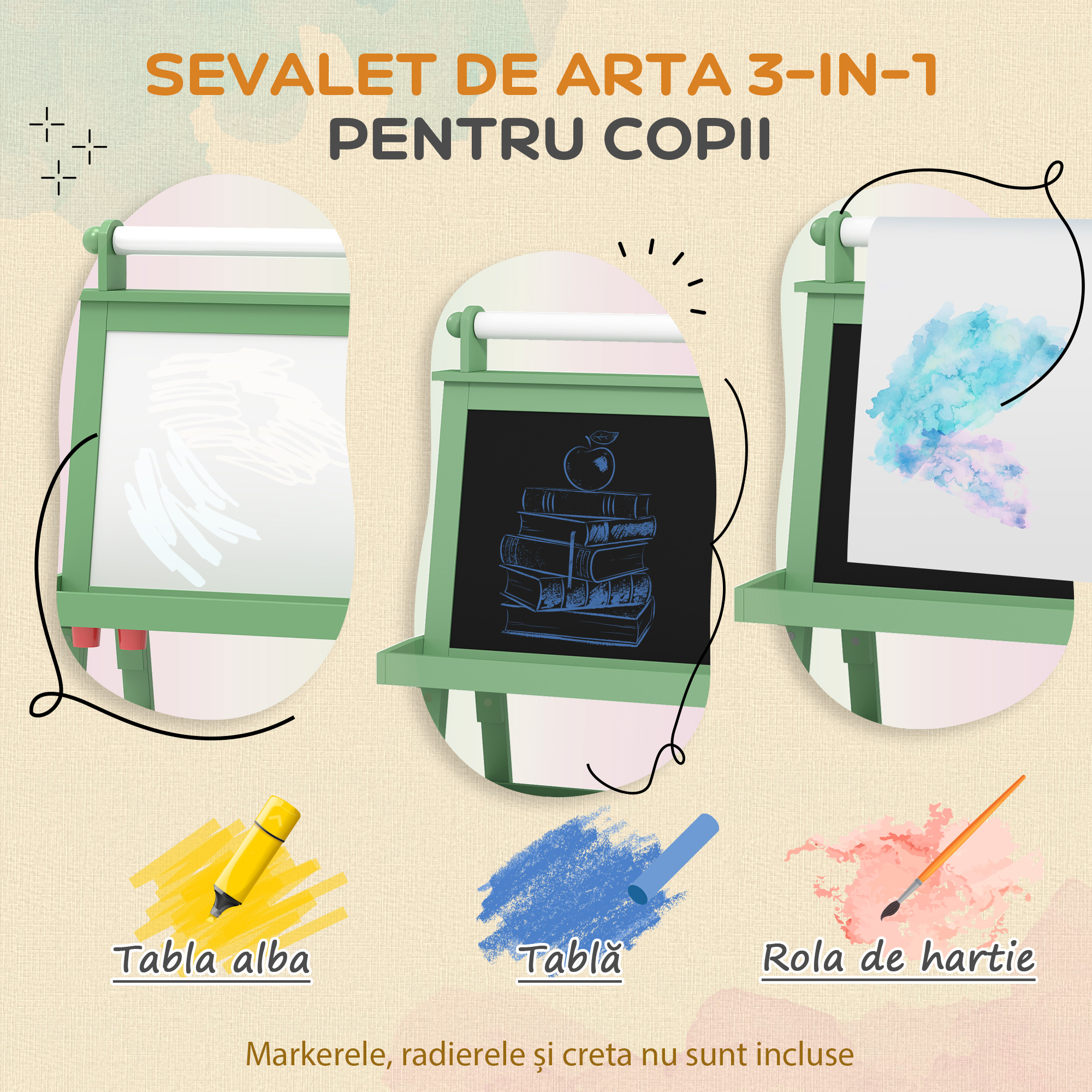  Tabla pentru Copii cu sevalet 3 in 1, Sul de Hartie si 2 Recipiente, din Lemn, 59x48x118 cm, Verde [3]