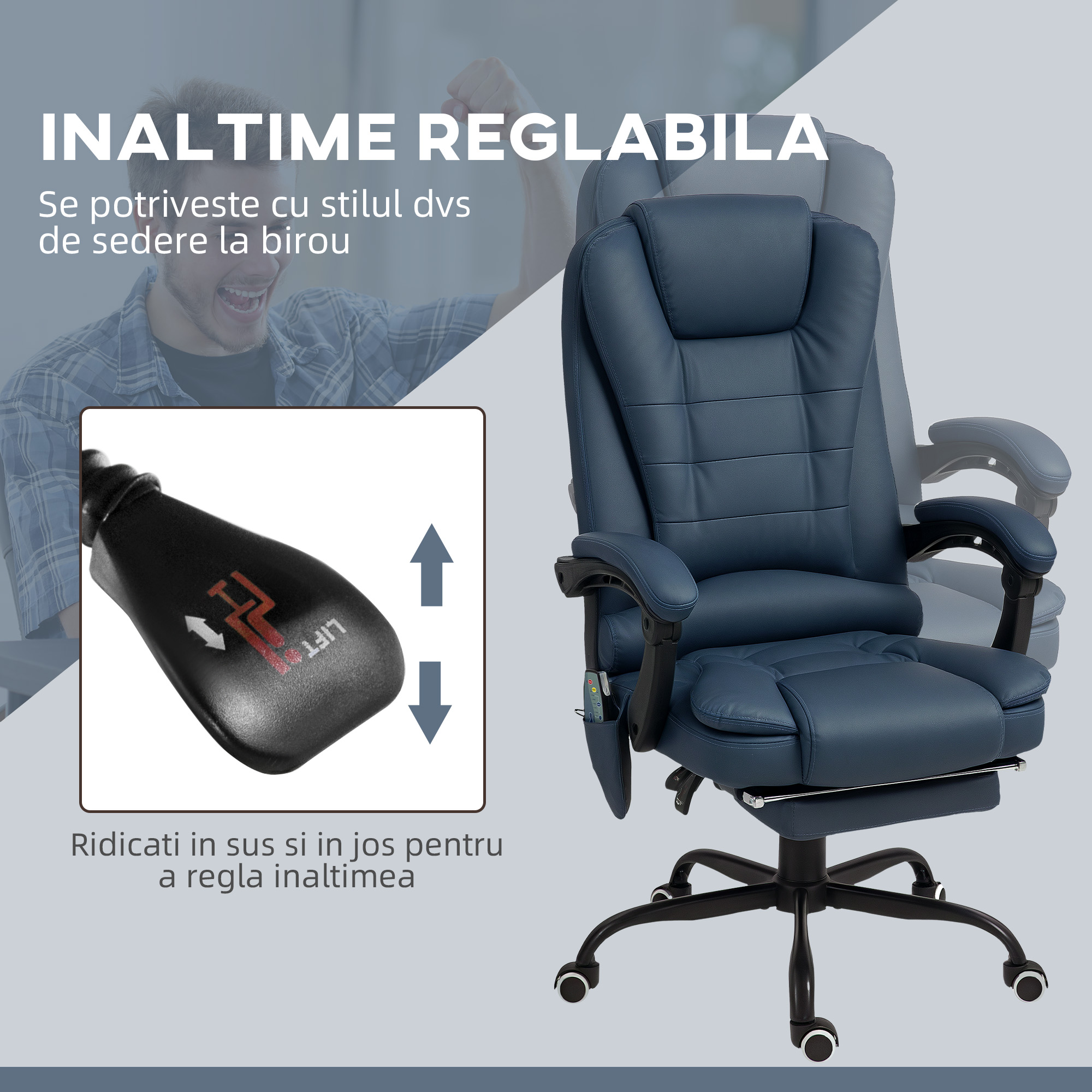  Scaun Birou Ergonomic cu 7 Puncte de Masaj si Suport Picioare Reglabil, Albastru [5]