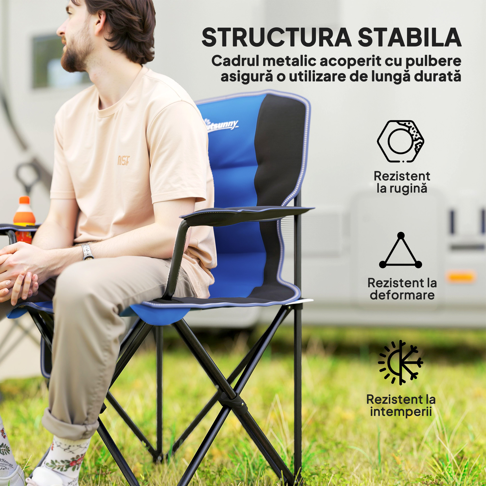  Scaun de Camping Pliabil cu Buzunar si Suport pentru Pahar, 94x62x110 cm, Albastru [4]