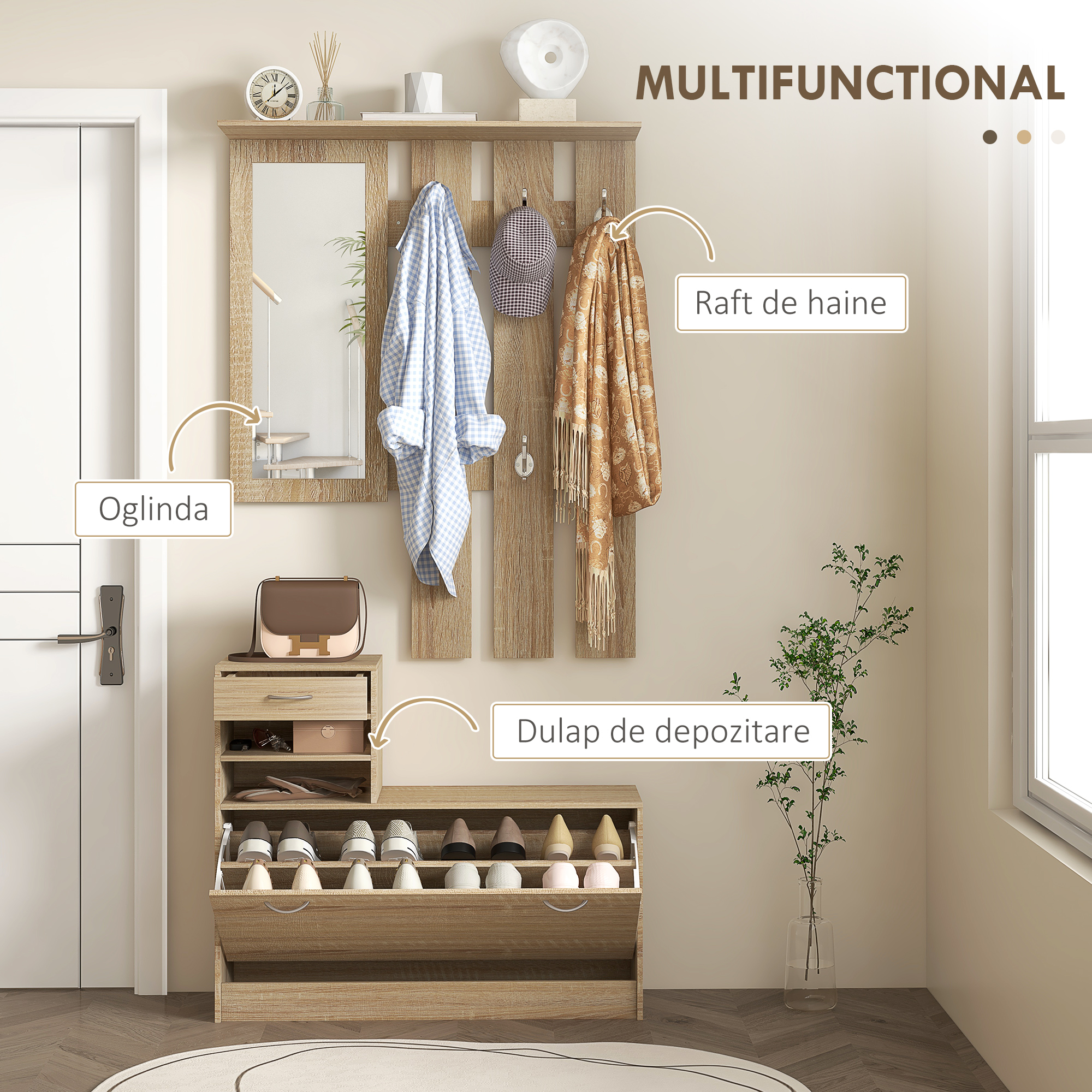  Set Mobilier cu 2 Rafturi Reglabile, 90x24x177 cm, Lemn Natural [3]