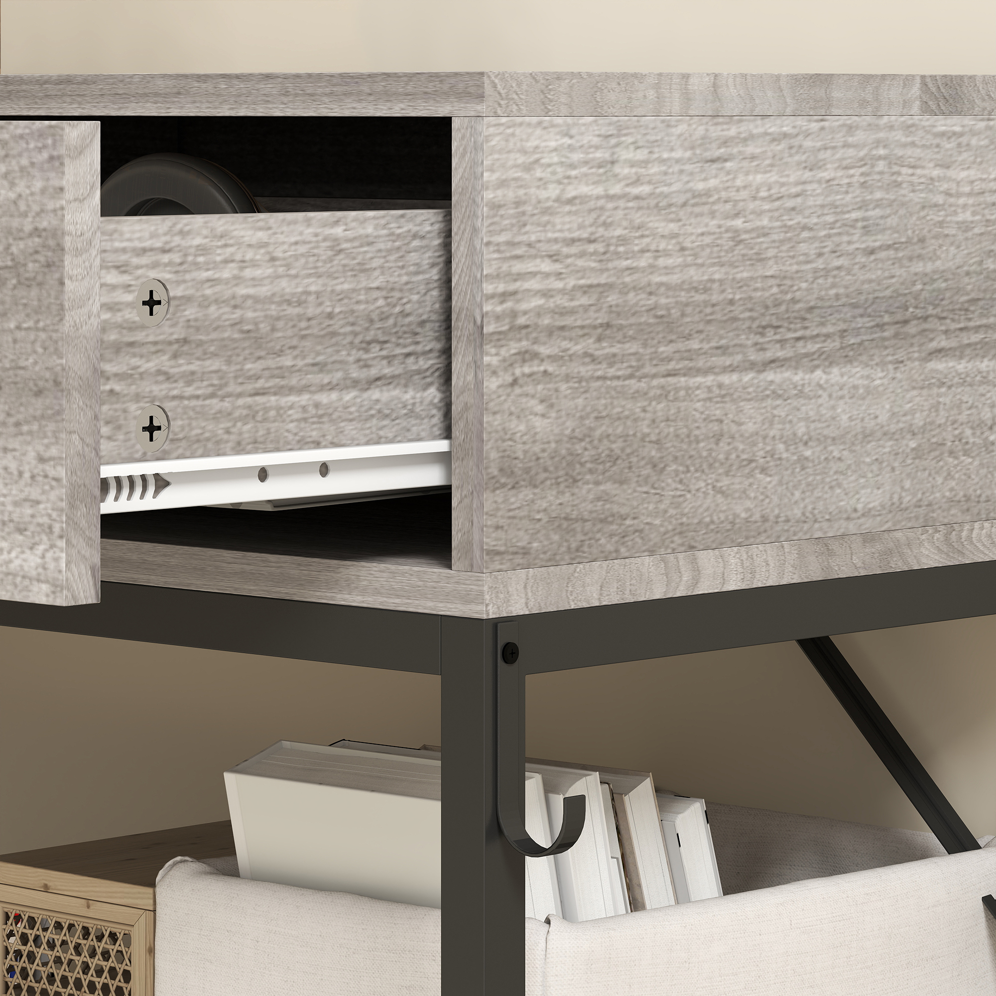  Consola de Intrare cu 2 Sertare, 2 Rafturi din Plasa si Carlig Lateral, Consola in Lemn si Metal, Masuta de Intrare pentru Dormitor, 100x35x92 cm, Gri Deschis [7]