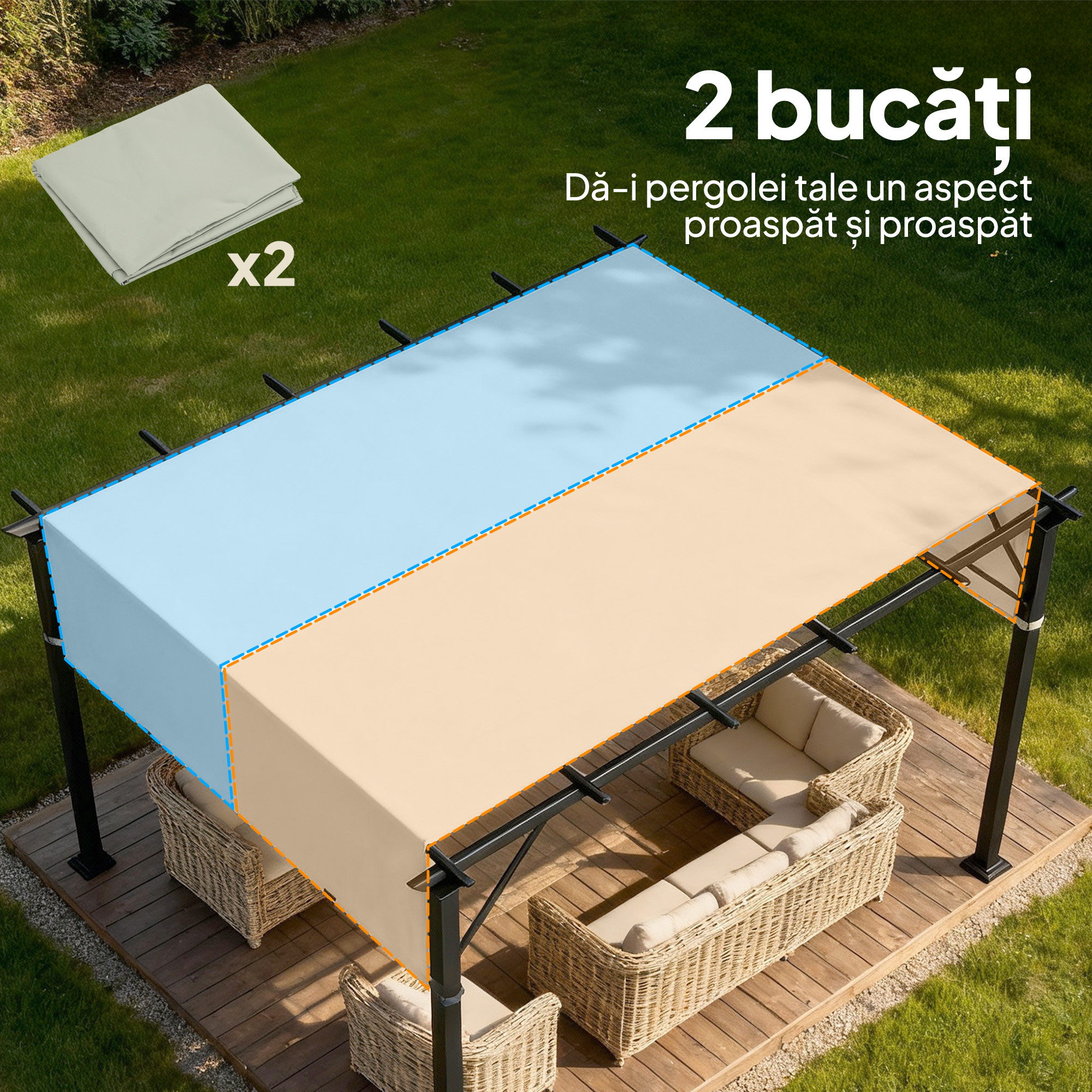  Prelata Pergola Foisor 3x3 m cu Buzunare si Curele pentru Bare, din Poliester, 488x122 cm, Gri Deschis [3]