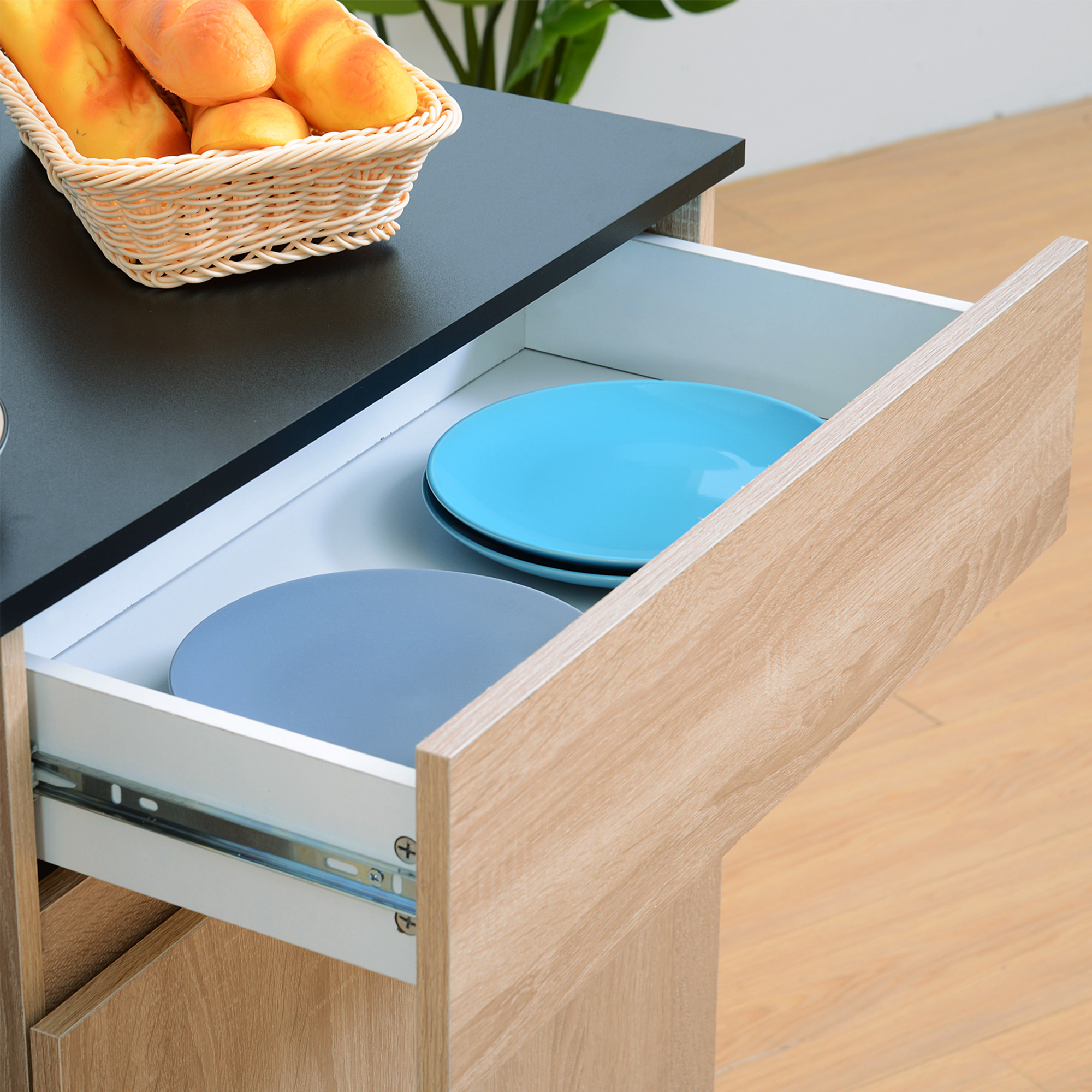  Dulapior Bucatarie - Lemn Stejar & Negru, Cu Sertare & Roti [7]