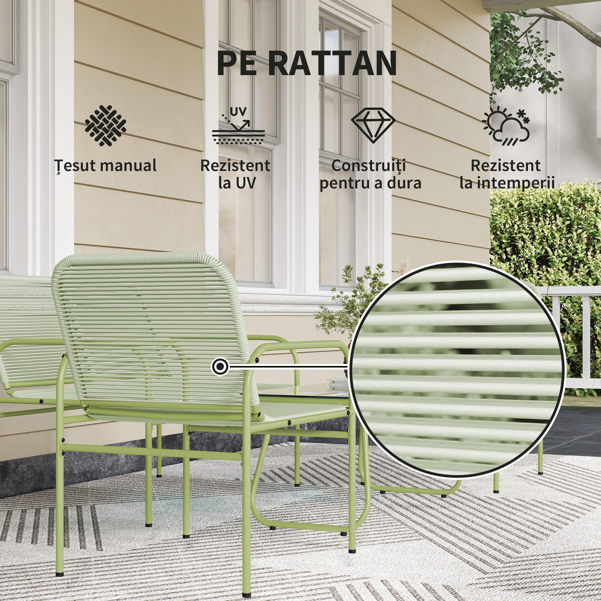  Set Exterior din Ratan PE cu Canapea, 2 Fotolii si Masuta cu Blat din Sticla, Verde [4]