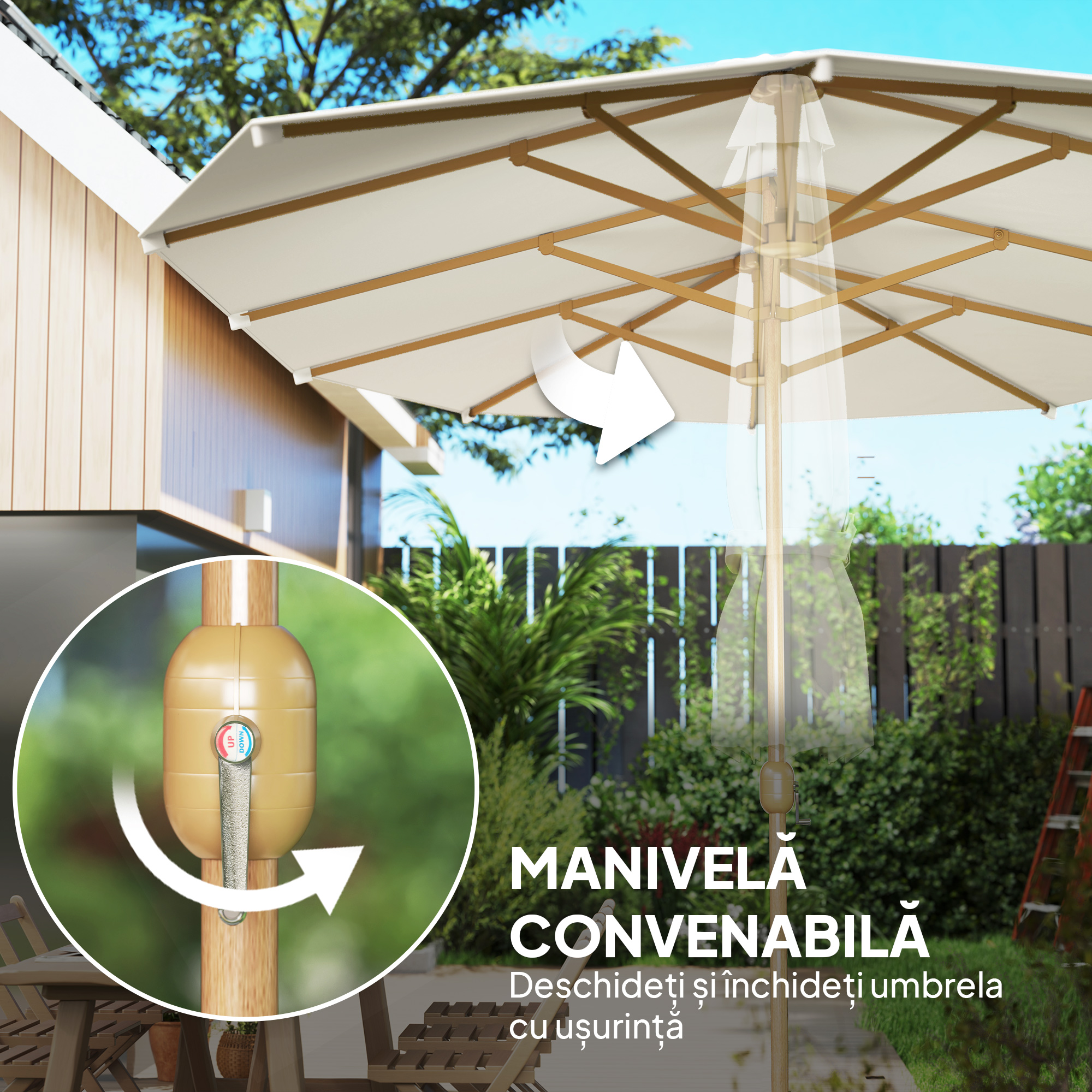  Umbrela Dubla cu Deschidere cu Manivela, din Otel si Poliester, 455x265x238 cm, Bej [4]