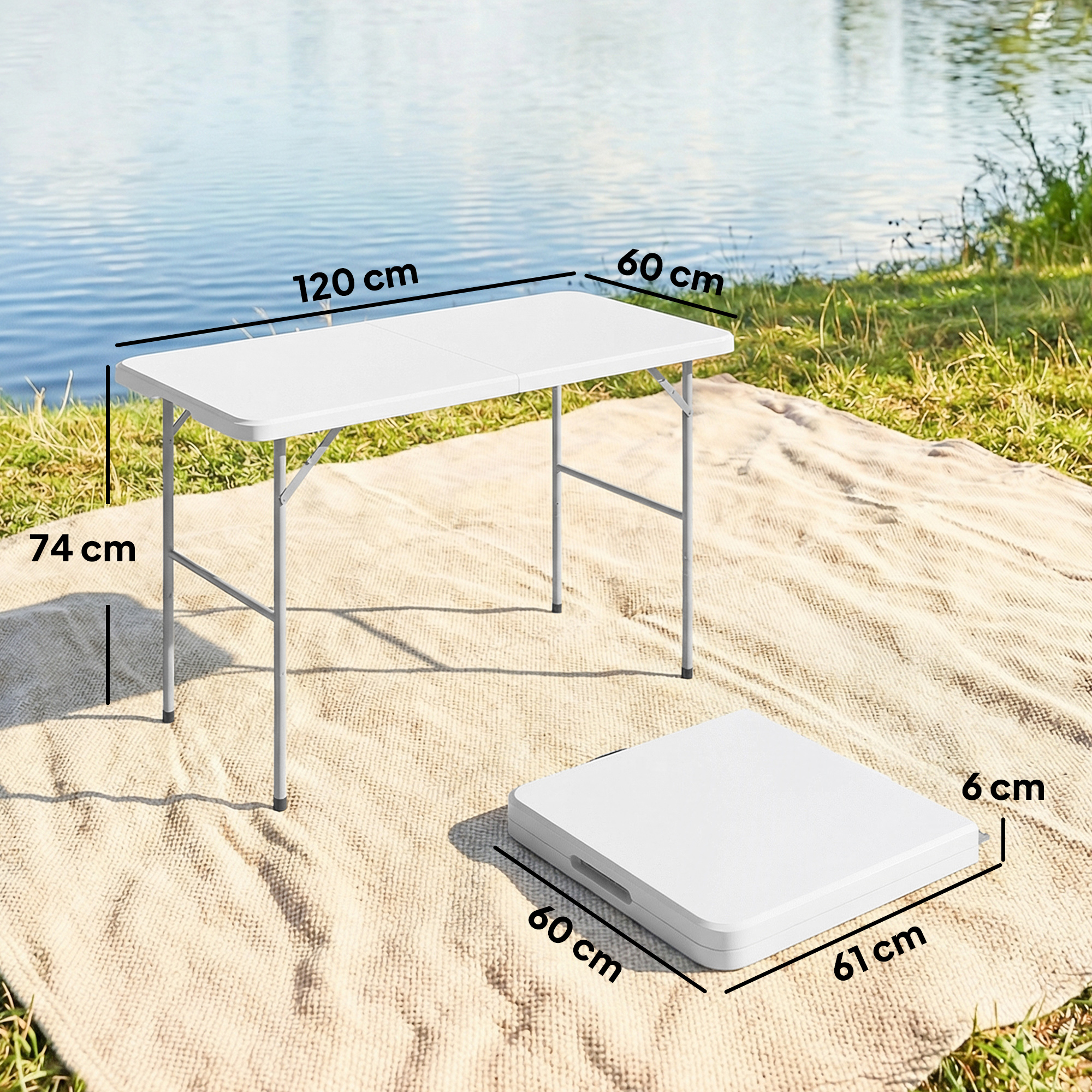  Masa de Camping Pliabila cu 2 inaltimi si Maner, din HDPE, 120x60x74 cm, Alb [2]