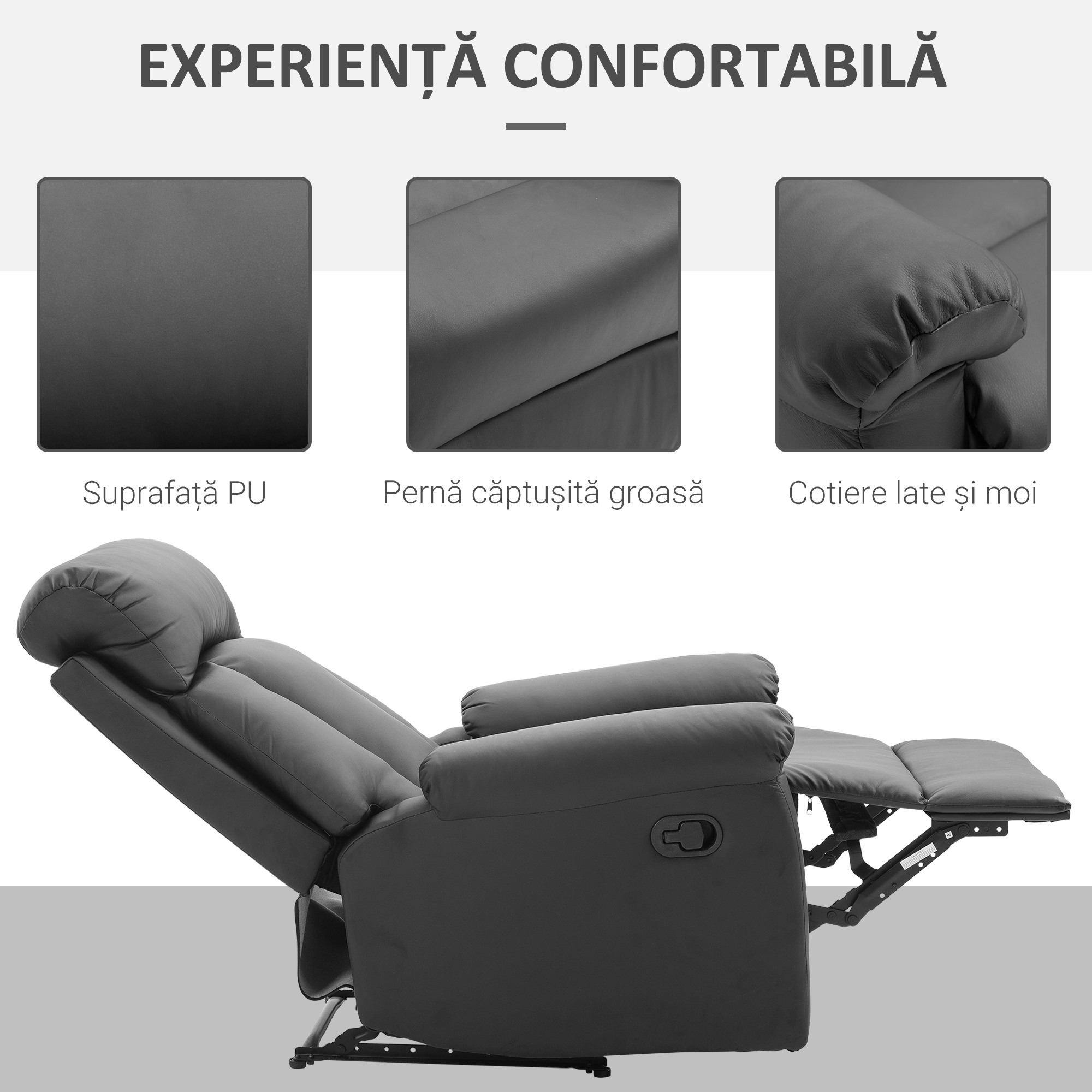  Fotoliu Relax Rabatabil cu Captuseala Ergonomica cuTaburet in Piele Ecologica,80 × 97 × 107cm Negru [4]