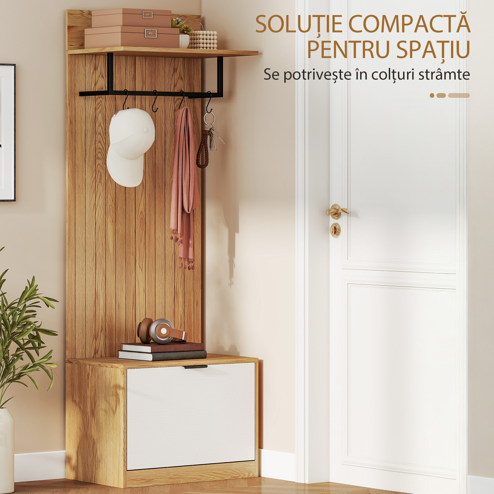  Cuier de Hol cu Pantofar Rabatabil, Cuier cu Banca, 4 Carlige si Rafturi pentru Pantofi, Organizator Modern pentru Hol si Coridor, Stejar si Alb [4]