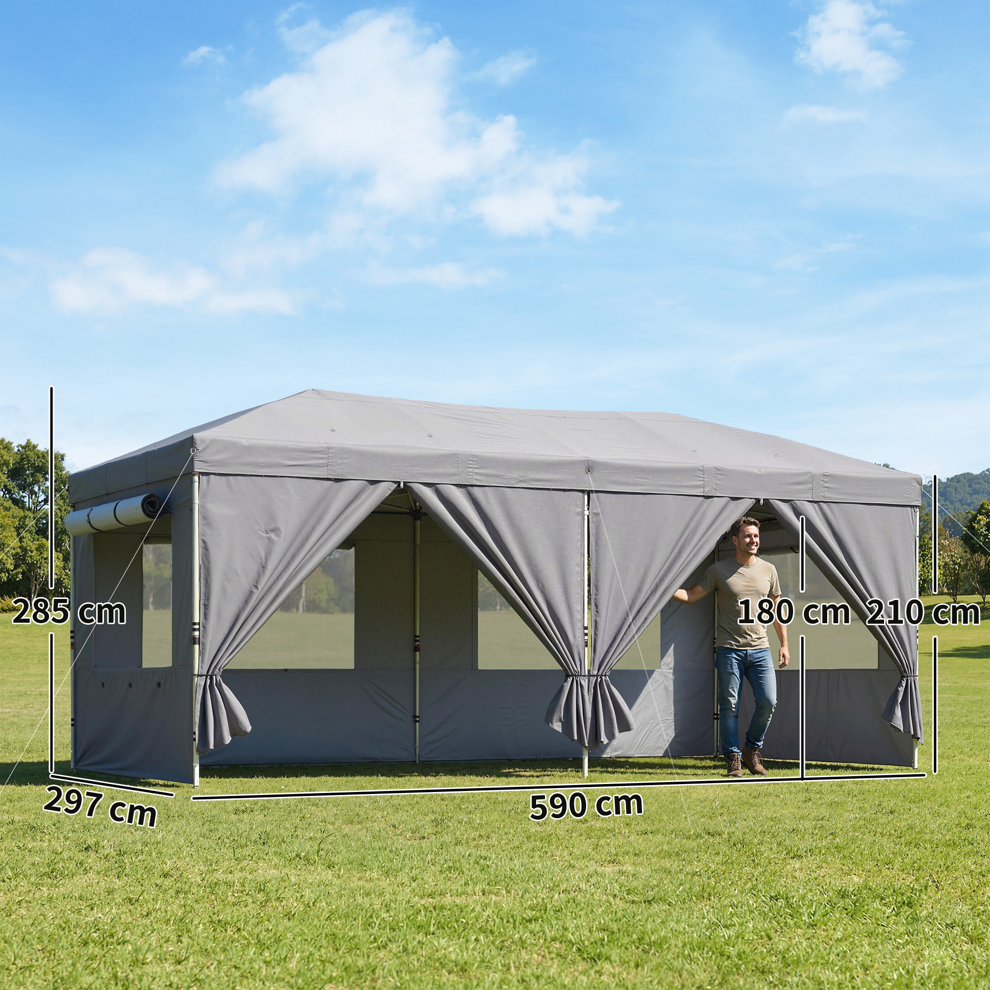  Foisor Pliabil 3x6m Pop-Up cu 6 Pereti Laterali, Foisor de Gradina Reglabil pe inaltime cu Saci de Nisip, Geanta cu Roti, UV50+ pentru Exterior, Gri inchis [2]