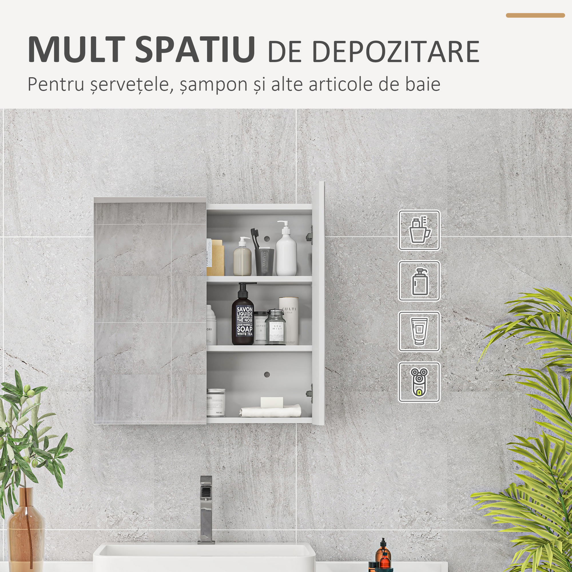  Dulap cu Oglinda pentru Baie cu 2 Usi Soft Close, 60x15x60 cm, Rafturi Reglabile, Dulap Suspendat Spatiu Economic, Alb Lucios [3]