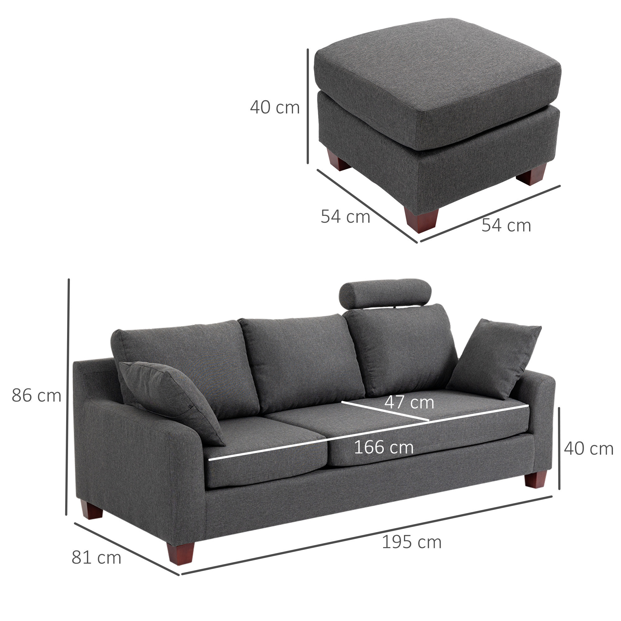 Canapea 3 locuri  cu taburet si perne, tesatura de in gri inchis 194x80x86cm, Confort & Stil pentru Living [2]