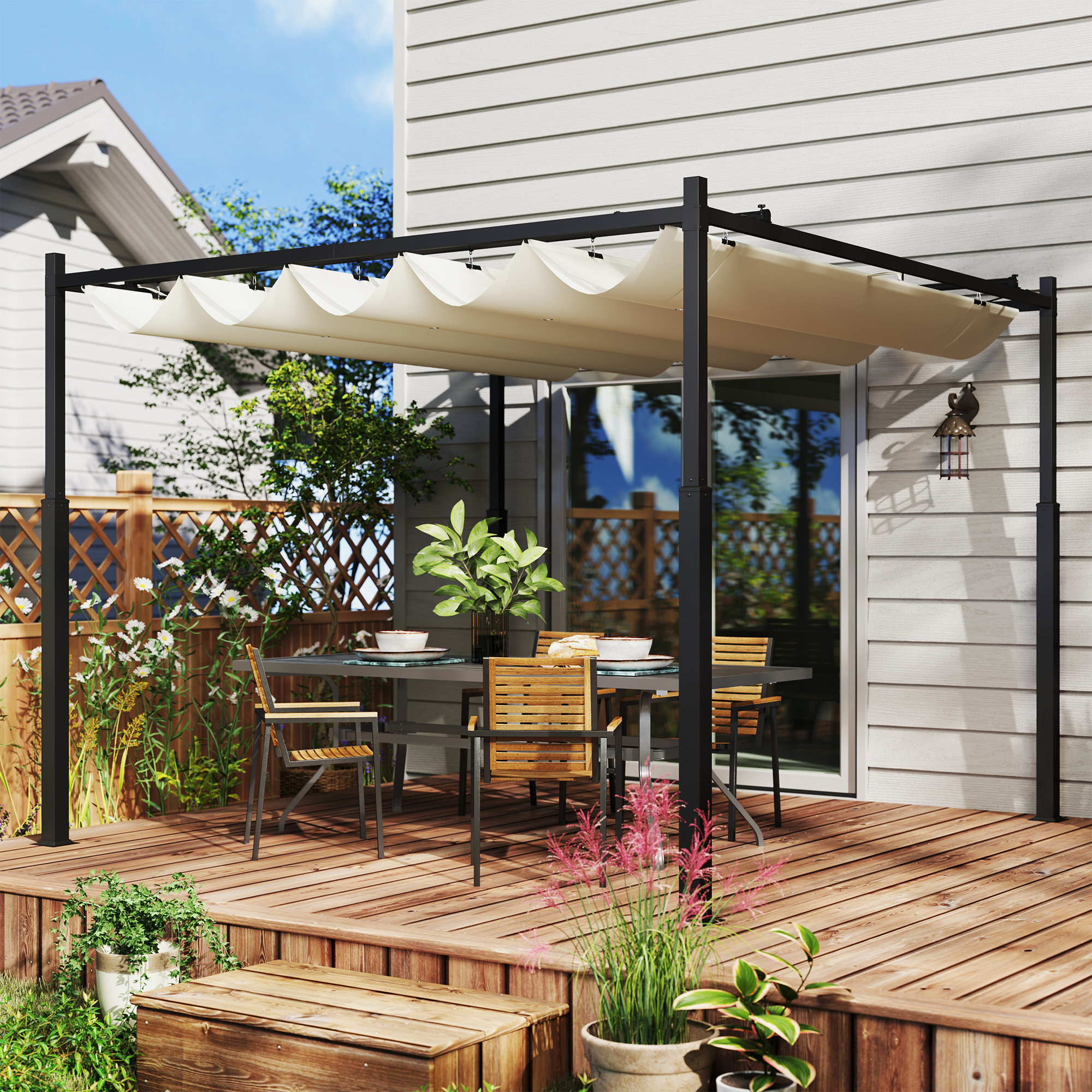  Gazebo Pergola 3x3 m cu Acoperis Retractabil, 8 suruburi si 8 tarusi, din Poliester 180g si Metal, Alb Crem [1]