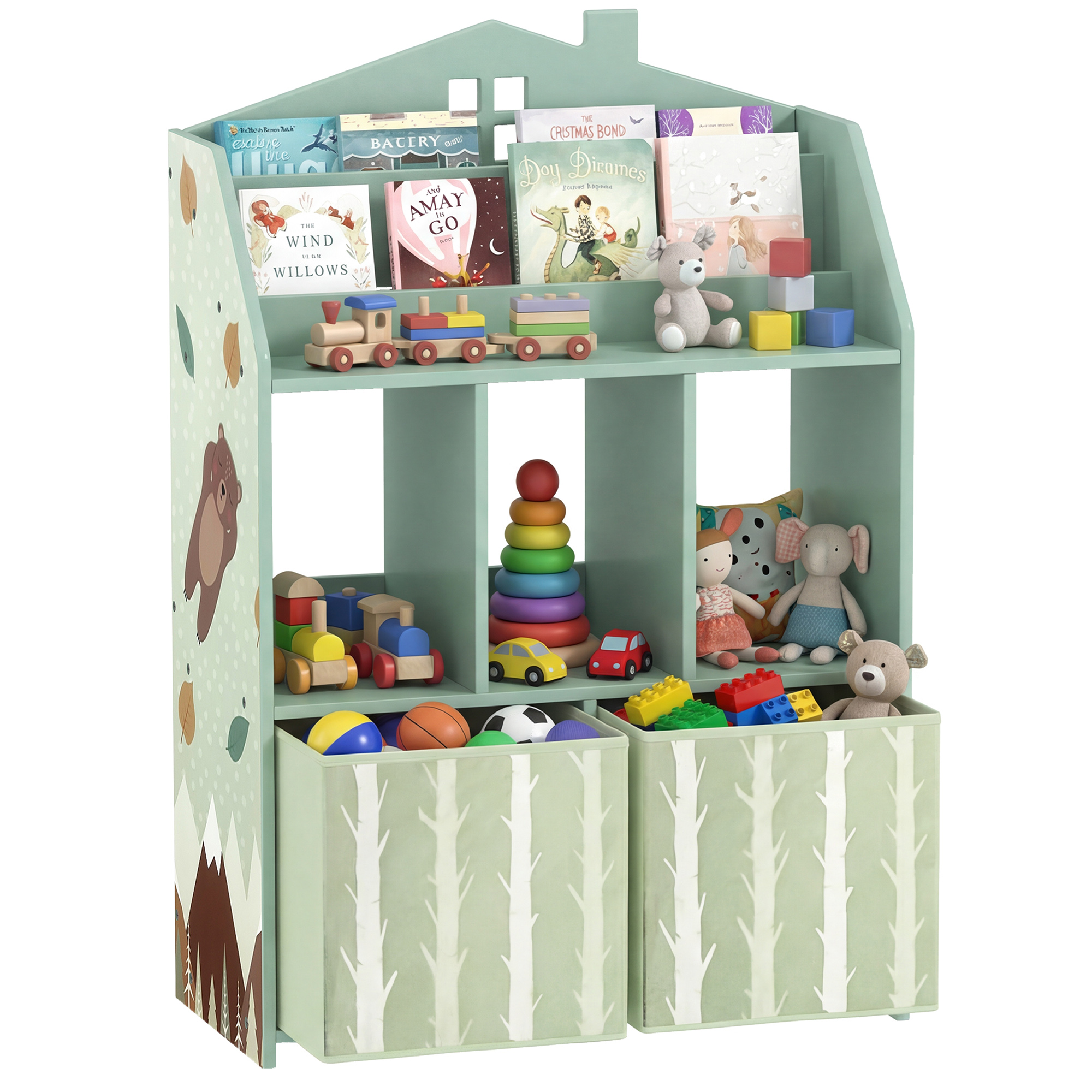  Etajera pentru jucarii cu sertare din material textil rafturi deschise design cu ursuleti organizator de jucarii Verde [6]