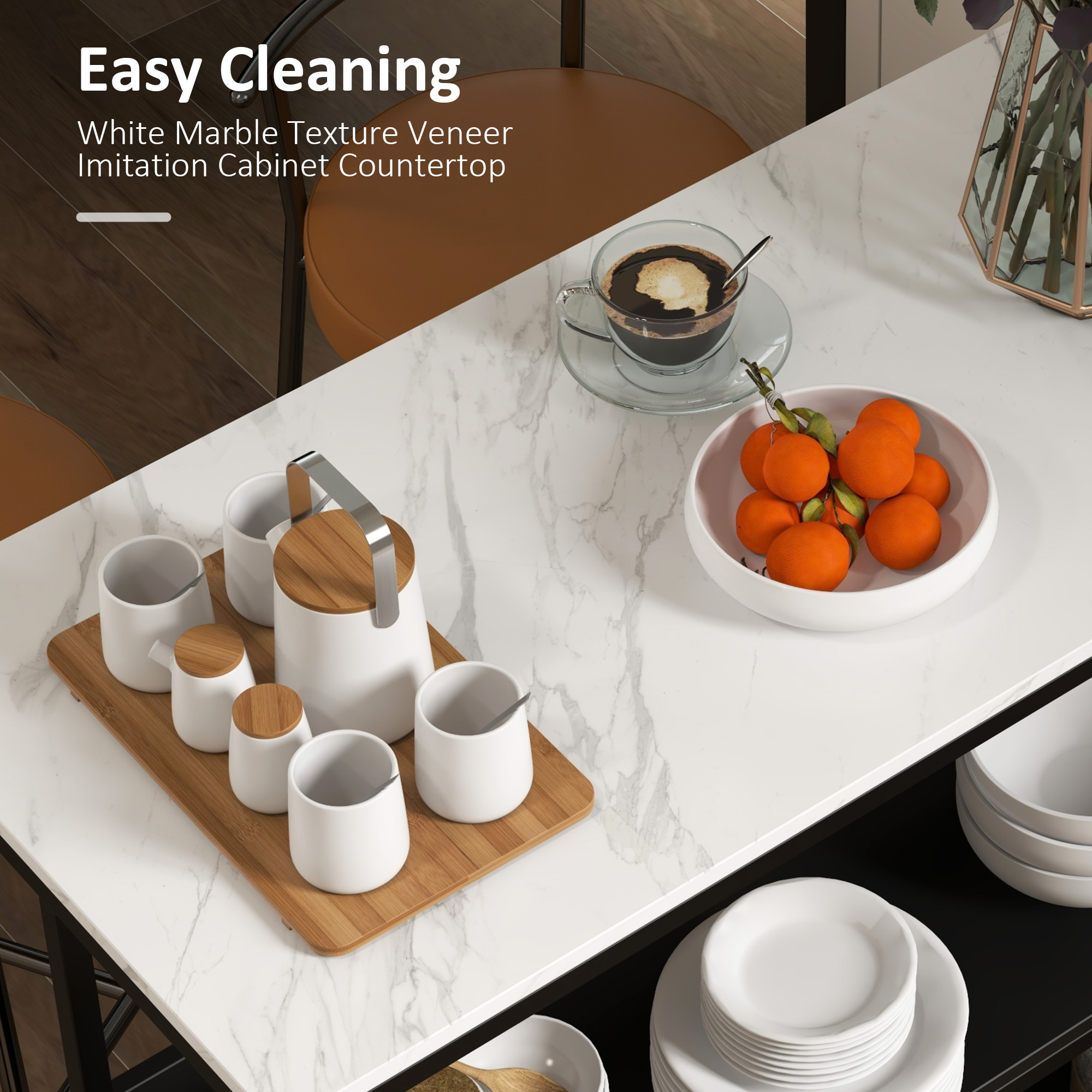  Insula de Bucatarie cu Rafturi Deschise Carucior de Bucatarie cu Blat cu Imitatie de Furnir cu Textura de Marmura Alba cu Picioruse Reglabile pentru Camera de Luat Masa Camera de Zi Negru [5]