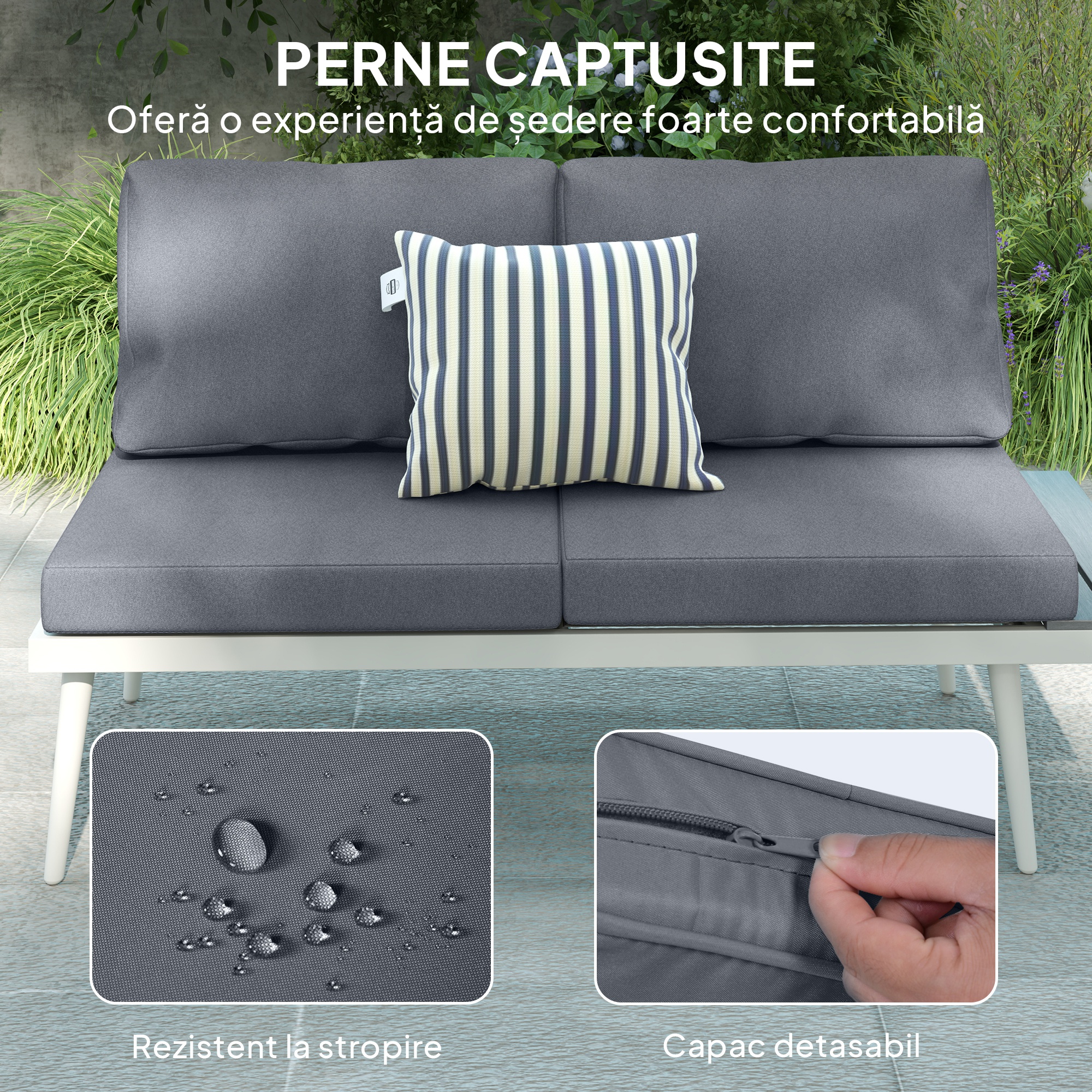  Set Mobilier de Gradina din 3 Piese cu 2 Canapele cu Spatar Reglabil in 5 Pozitii si Masuta, 139x63x65 cm, Gri [6]