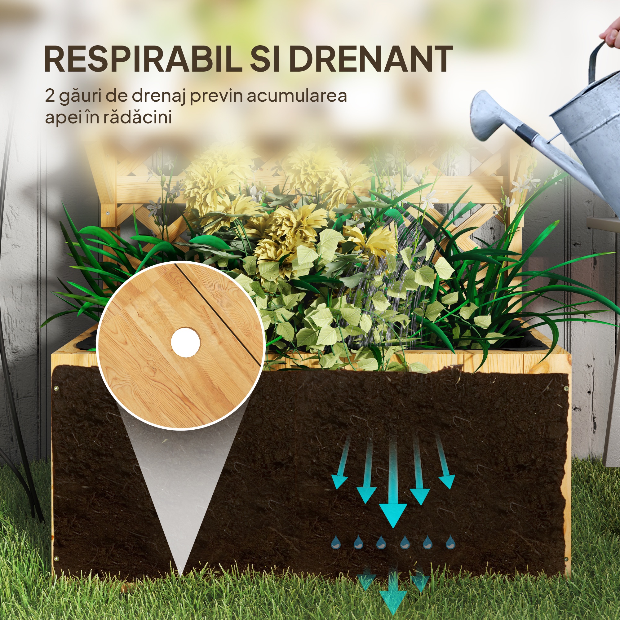  Jardiniera cu Spalier pentru Plante Cataratoare, Orificii de Drenaj si 2 Rafturi, din Lemn de Molid, 76x33x177 cm [4]