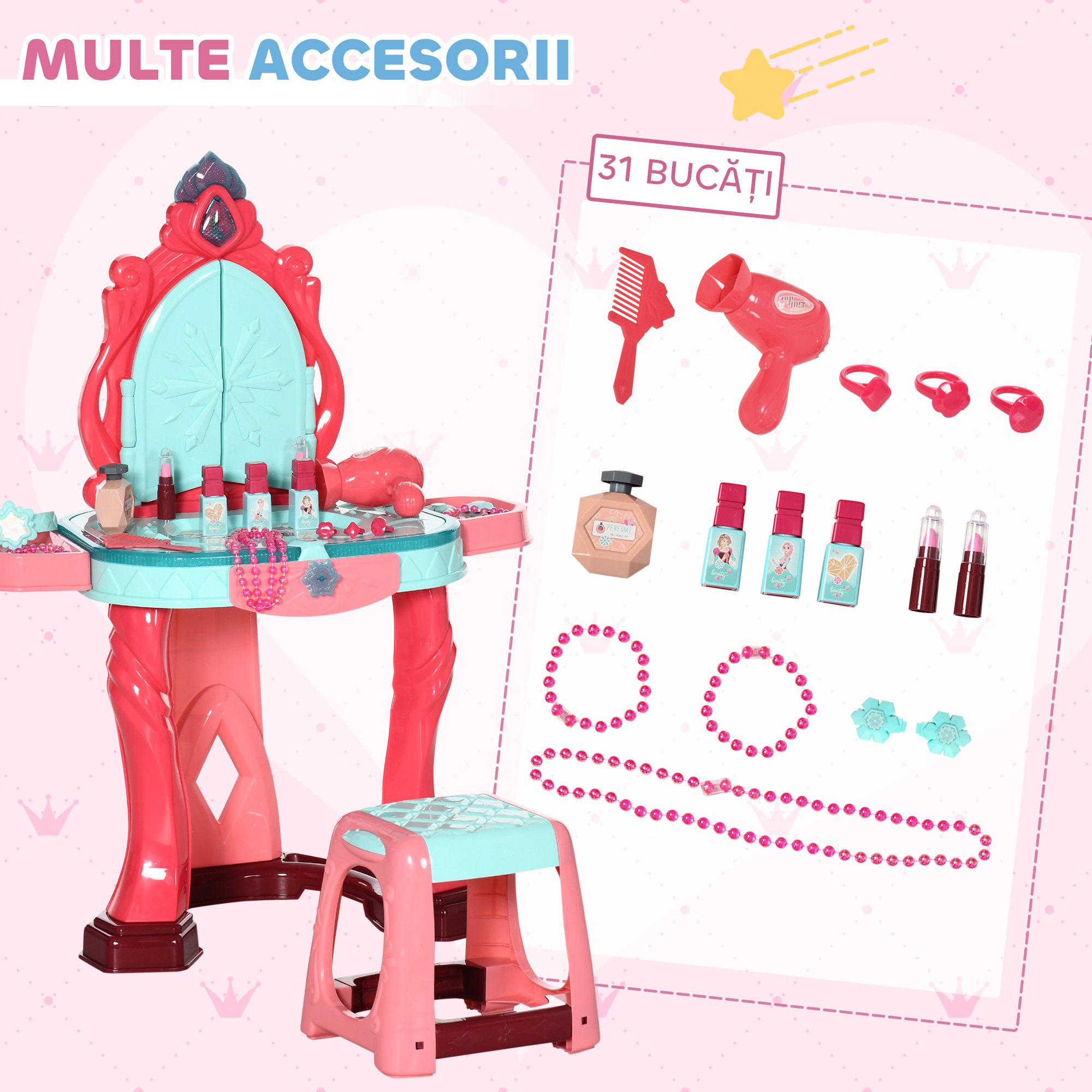  Masuta de toaleta pentru fetite cu scaun, oglinda, lumini si accesorii, din PP si GPPS, 57x34x76 cm, multicolor [5]