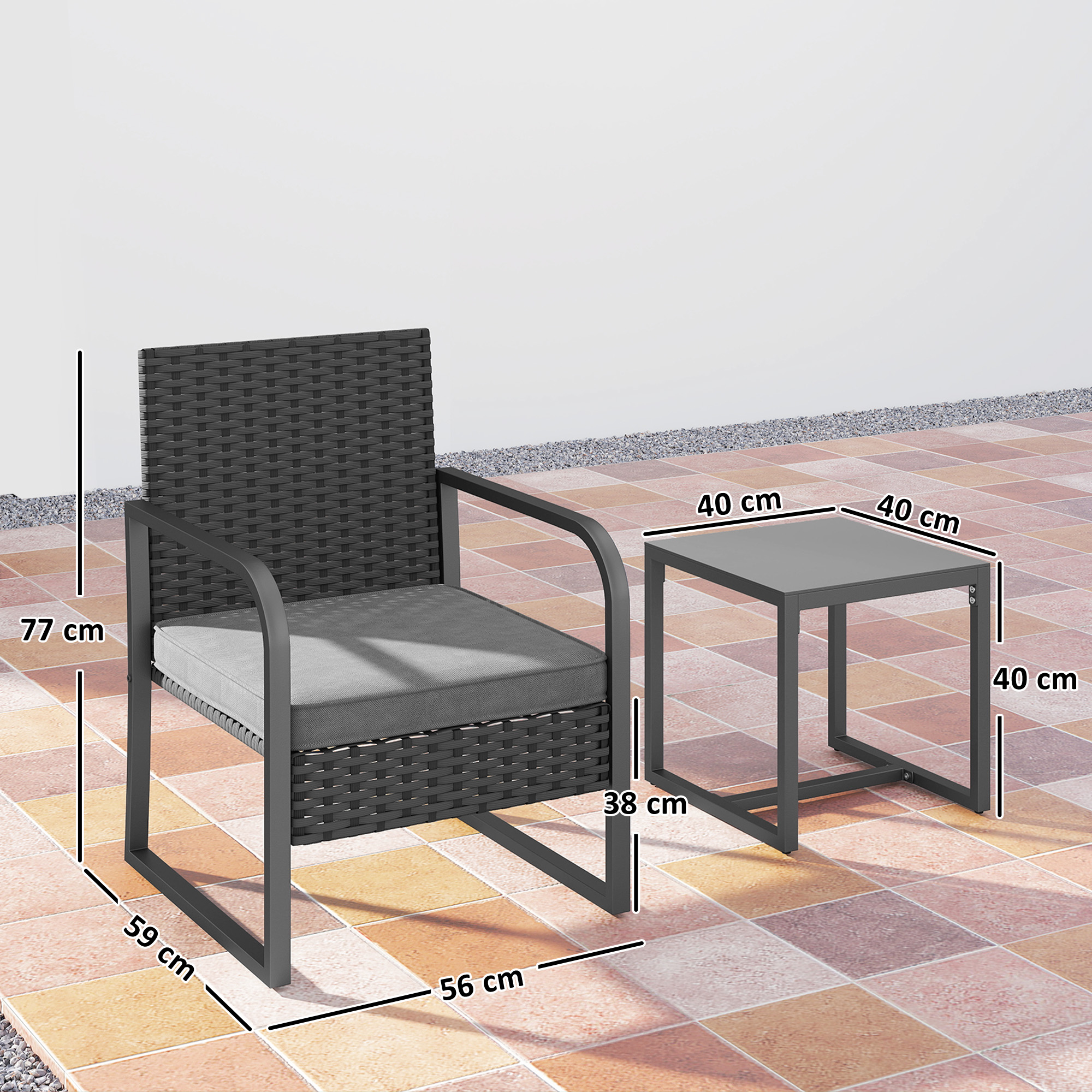  Set de Gradina 3 Piese din Rattan PE si Otel, Set cu 2 Fotolii si Perne Lavabile, Masa de Cafea cu Blat din Sticla, Mobilier de Balcon pentru Terasa sau Curte, Gri inchis si Negru [2]