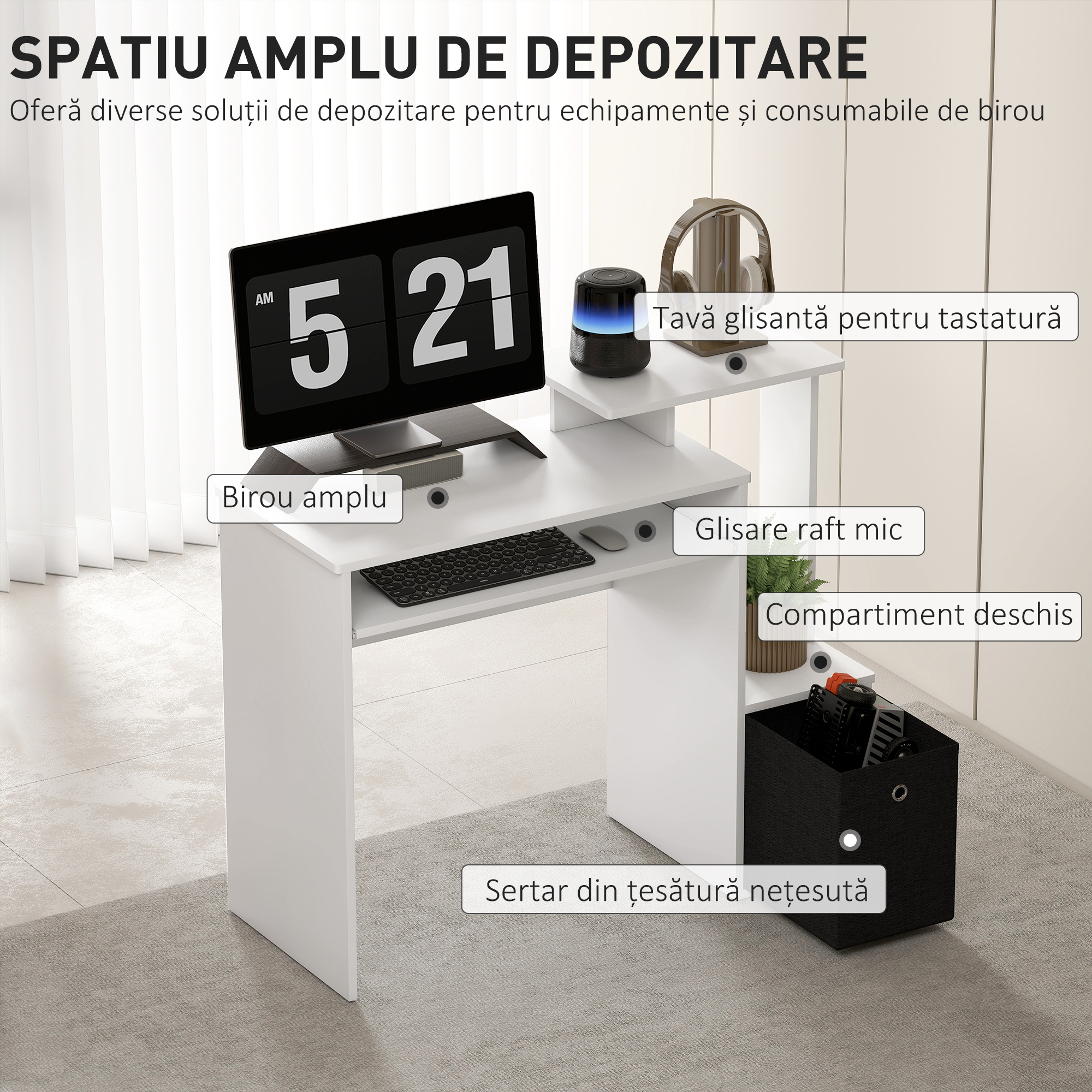  Birou Modern cu Raft pentru Tastatura si Sertar din Material Textil, 100x40x86,6cm, Alb si Negru [3]