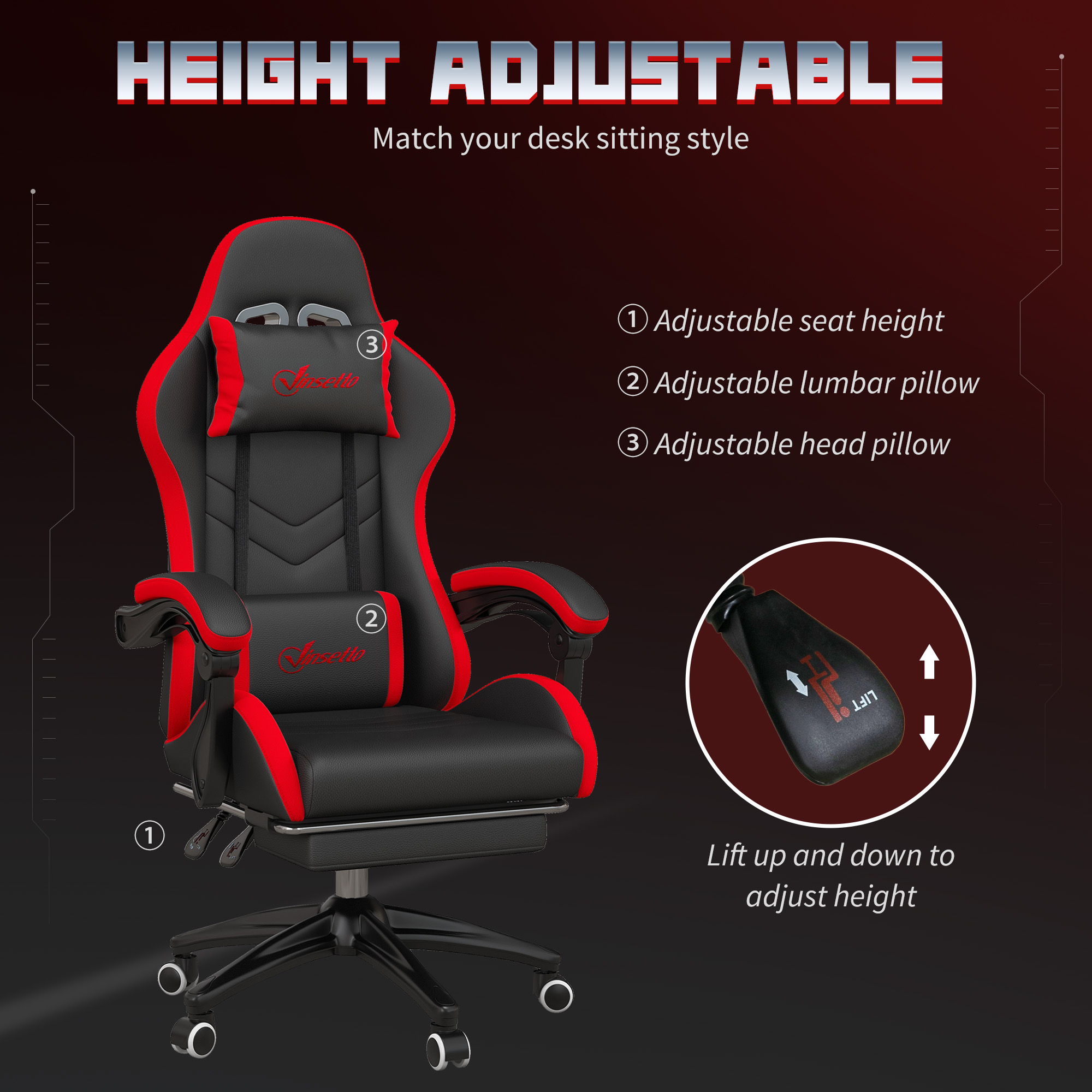  Scaun de Gaming cu inaltime Reglabila si Spatar Rabatabil, 65x65x121-129 cm, Negru si Rosu [3]