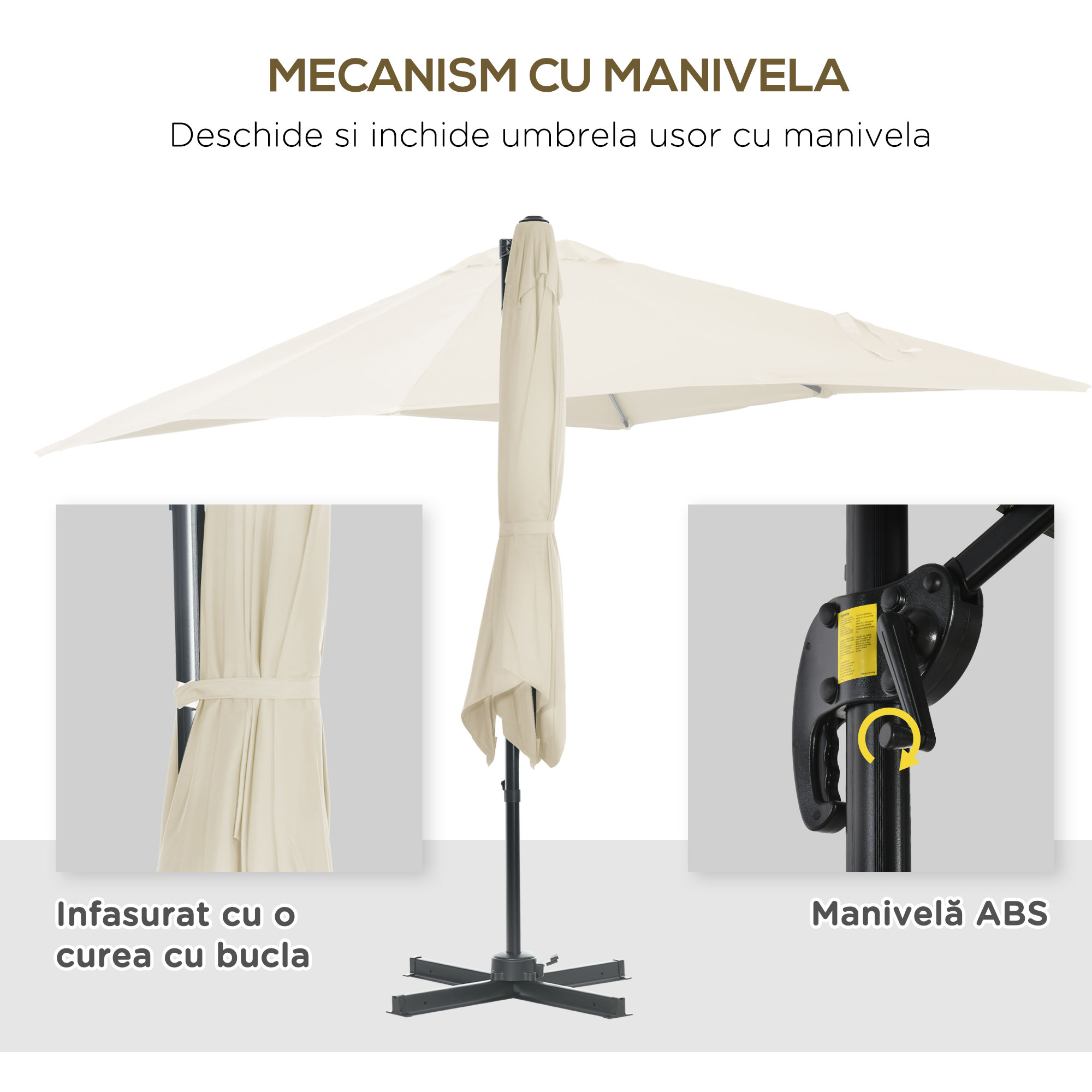  Umbrela de Gradina cu Manivela cu Rotatie 360°, Parasolar Reglabil, 245x245x245 cm, Crem [5]
