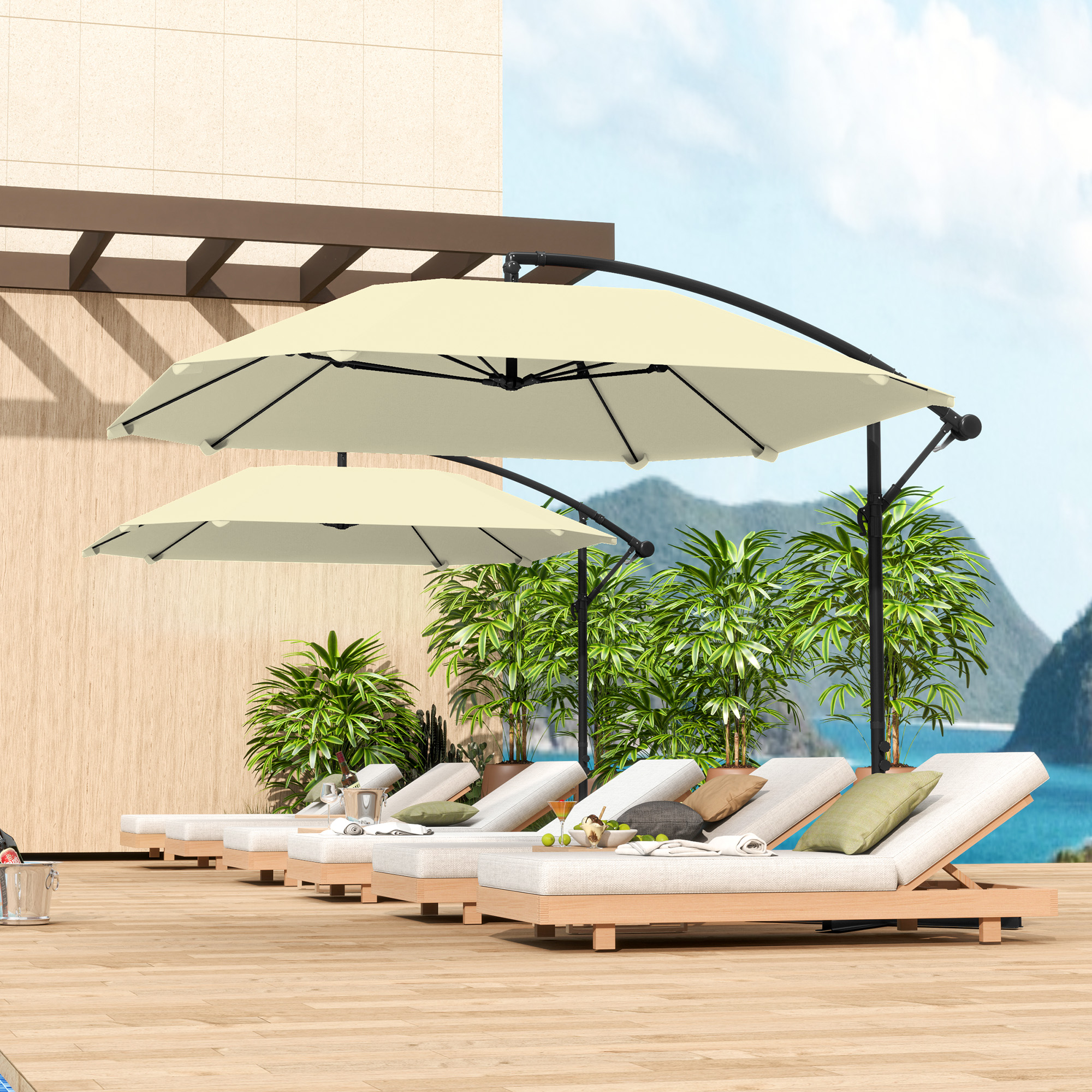  Umbrela de Soare Suspendata cu Baza in Cruce, Articulatie Tip Banana si Manivela, 304x260x245 cm, Alb Crem [1]