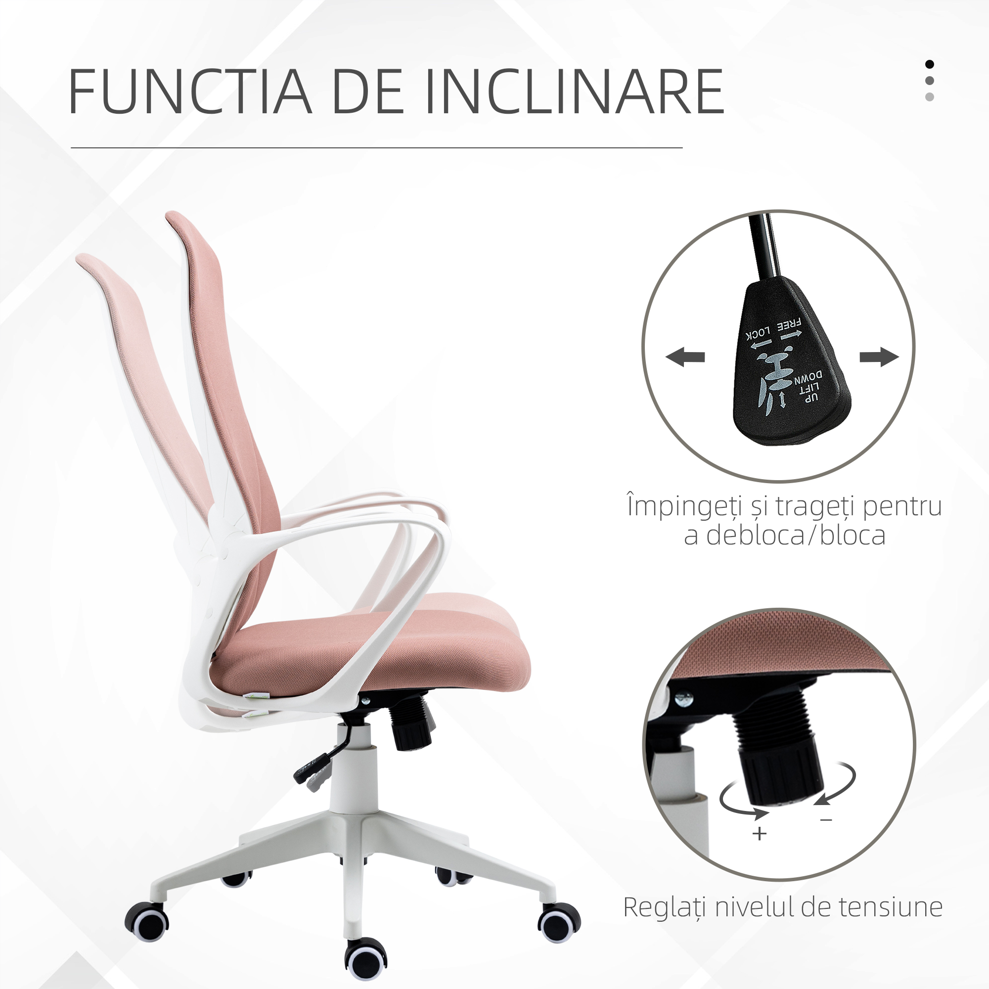  Scaun de birou ergonomic si captusit, cu inaltime ajustabila si balans, 62x56x110-119,5 cm, roz [4]