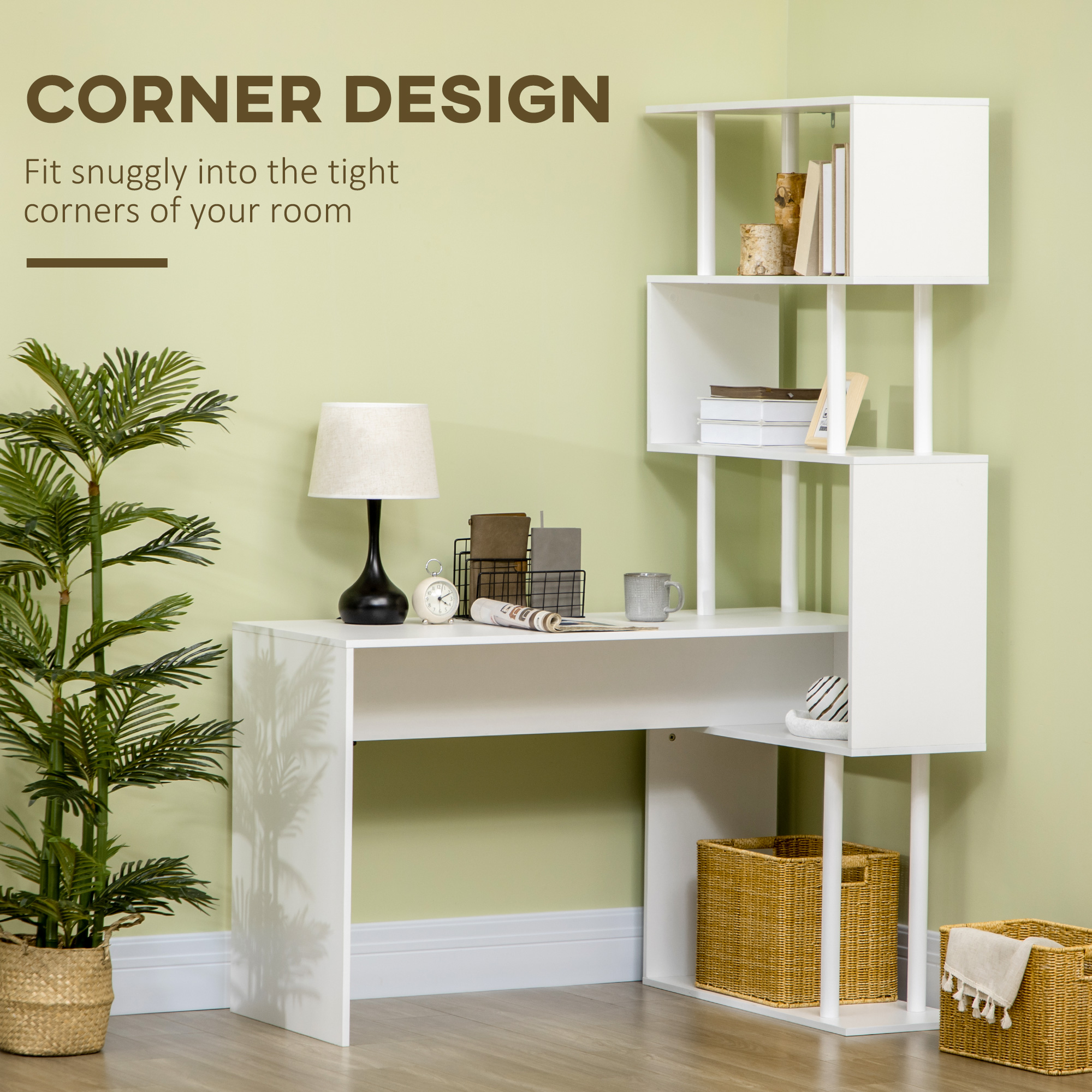  Birou Modern pentru Calculator in forma de L, Masa de scris, Birou de colt cu rafturi pe 4 nivele pentru biroul de acasa, alb [3]