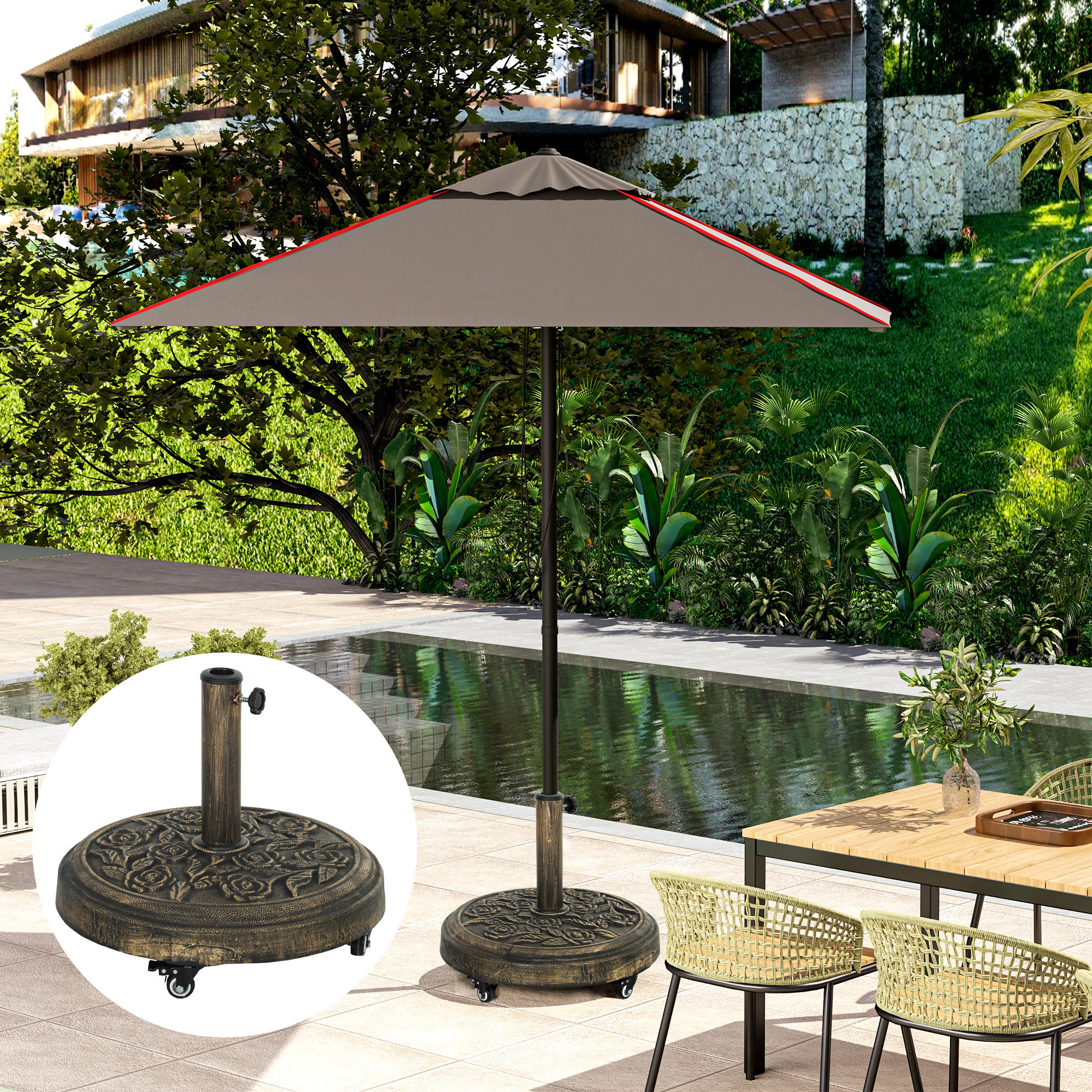  Baza Rotunda pentru Umbrela, 21 kg, Suport din Rasina cu Roti si Stalp pentru Umbrele de 32mm/38mm/48mm, pentru Gradina, Terasa, Piscina, Bronz [7]