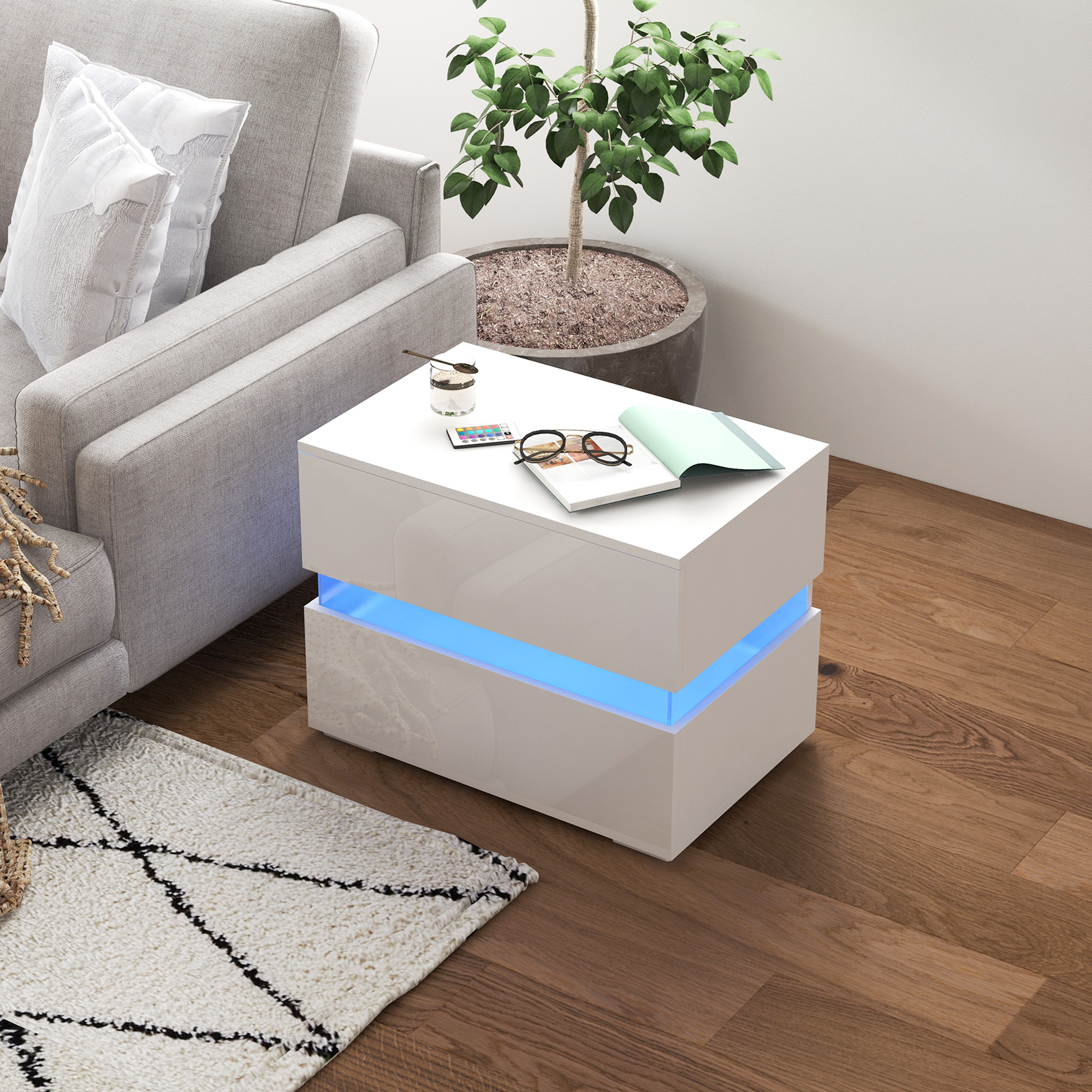  Noptiera cu lumina LED RGB incorporata, 2 sertare, 4 moduri de iluminare si 16 culori, din PAL, 60x39x47cm, Alb [1]