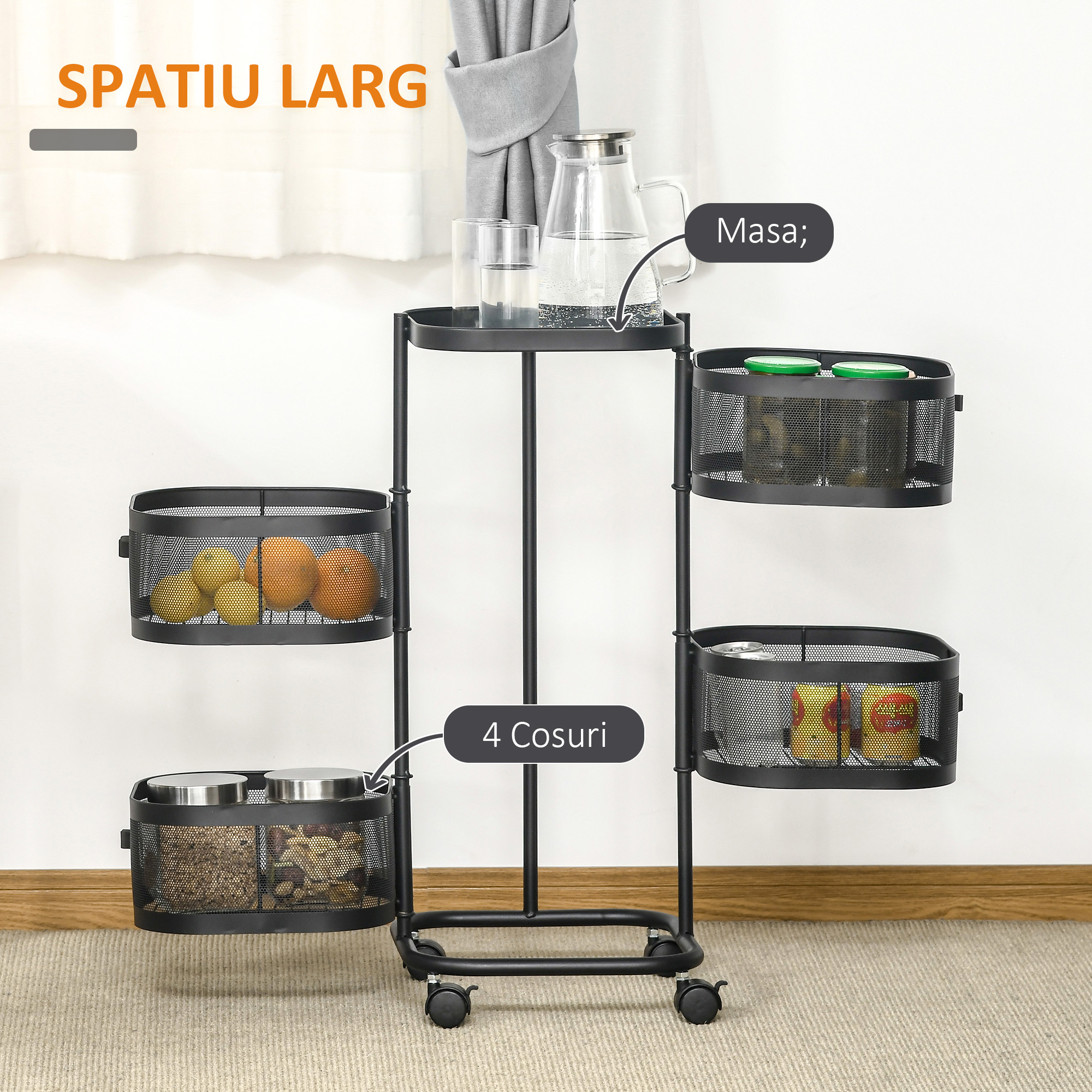  Carucior utilitar rulant  cu cosuri metalice rotative, Carucior de serviciu cu 4 niveluri de depozitare cu blat, Negru [3]