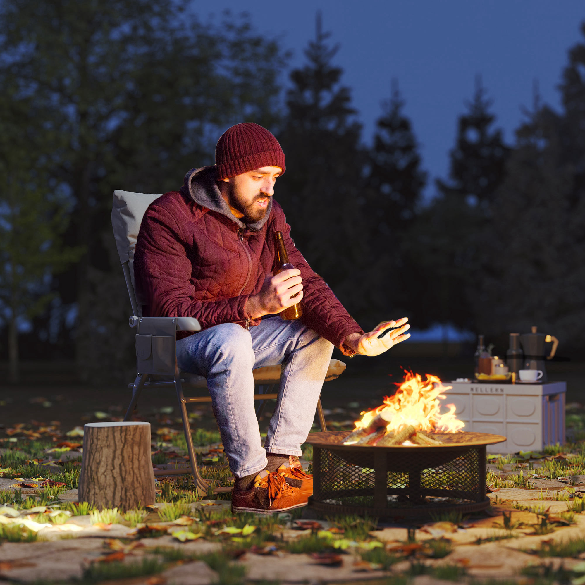  Scaun de Camping Pliabil cu Spatar inalt Reglabil in 5 Pozitii si Buzunare Laterale, 66x58x105 cm, Gri Deschis [1]