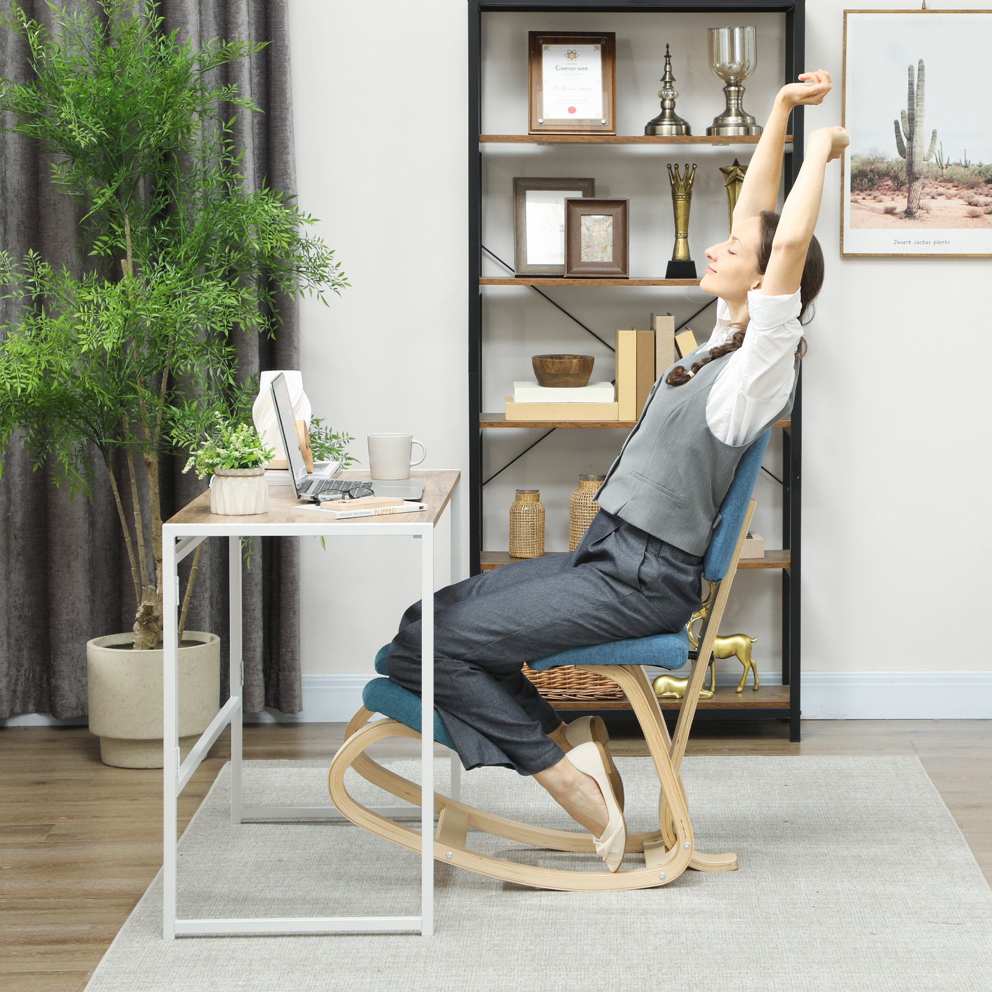  Sedia Inginocchiatoio Dondolante in Tessuto Effetto Lino e Legno di Betulla, 51x84x93 cm, Marrone Scuro [7]